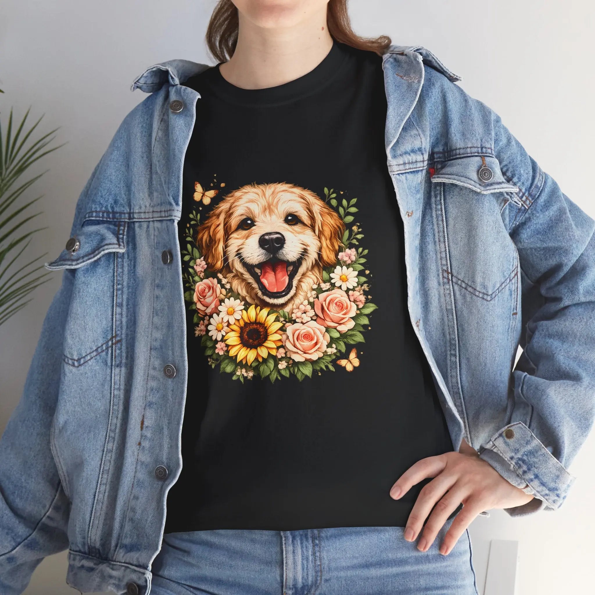 Golden Retriever Floral Tee — Happy Dog with Sunflowers Graphic T-Shirt Printify