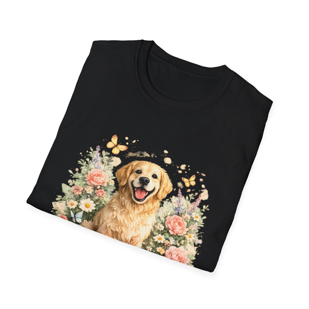 Golden Retriever Floral T-Shirt — Cute Dog with Butterflies Design Printify