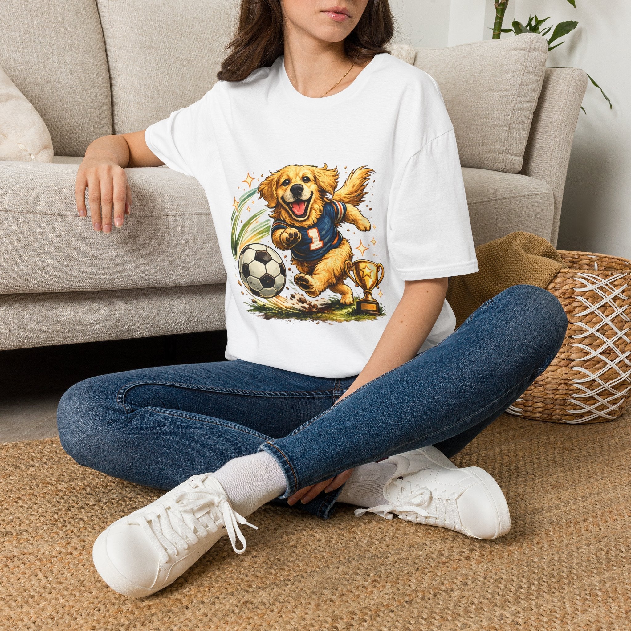 Golden Retriever Soccer T-Shirt — Cute Dog Playing Soccer Graphic Tee Printify