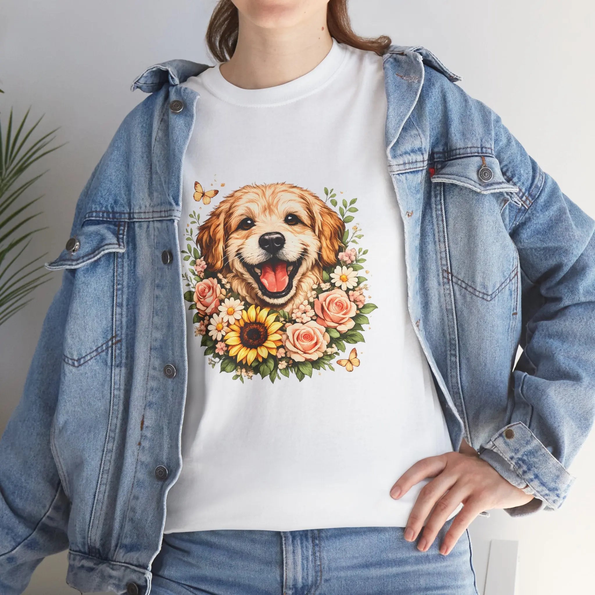 Golden Retriever Floral Tee — Happy Dog with Sunflowers Graphic T-Shirt Printify