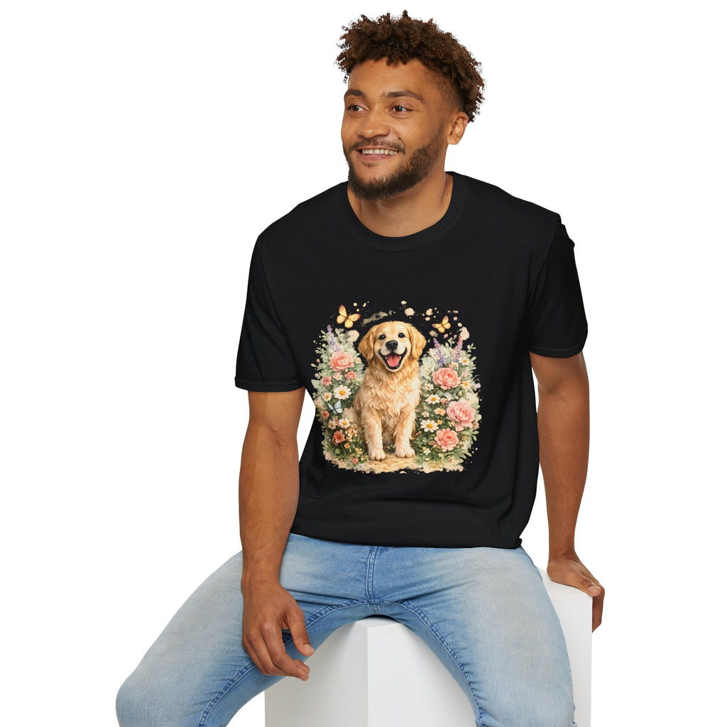 Golden Retriever Floral T-Shirt — Cute Dog with Butterflies Design Printify