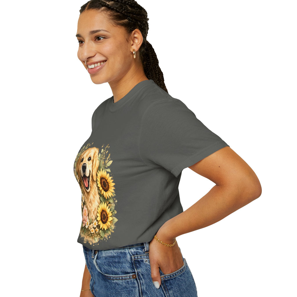 Golden Retriever Sunflower T-Shirt — Happy Dog Floral Tee Printify
