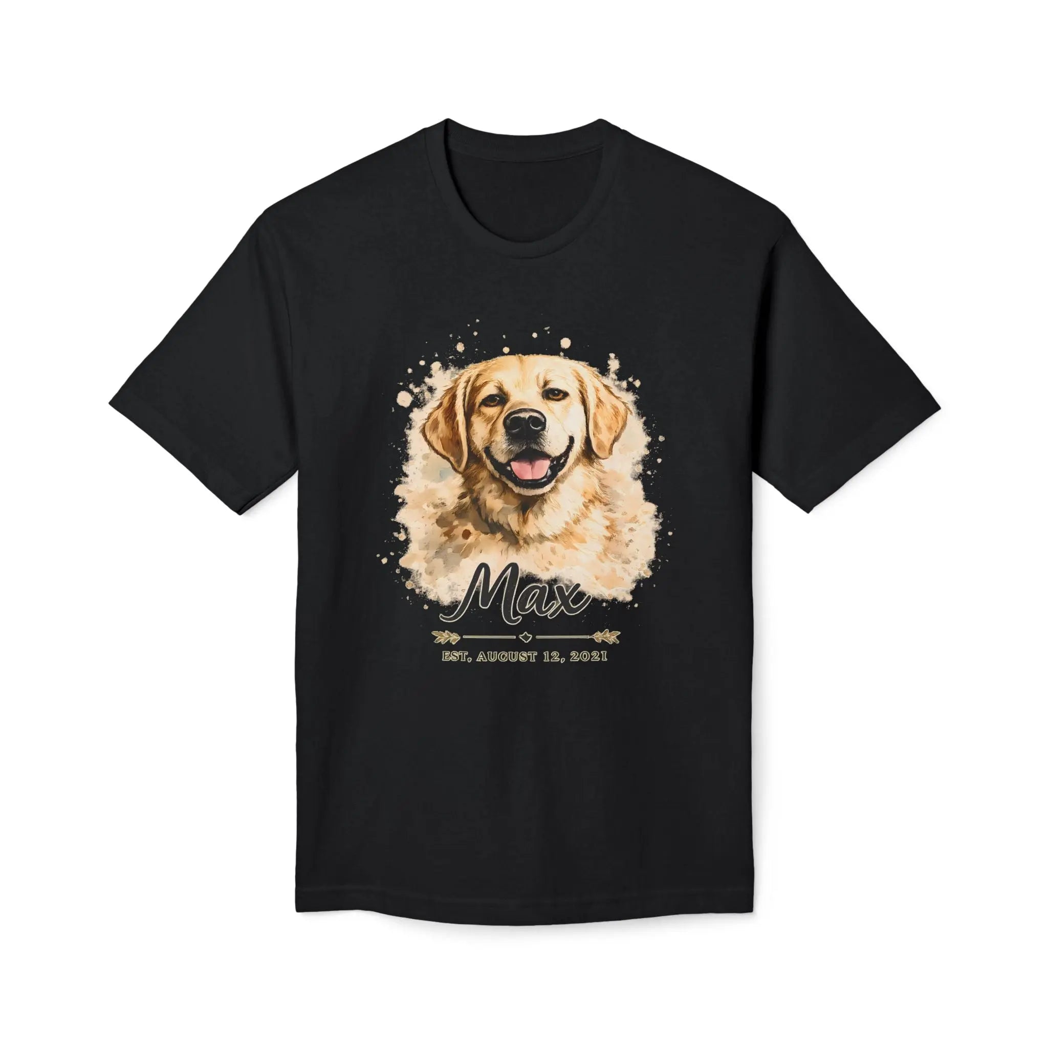 Personalized Dog Portrait Memorial T-Shirt — "Max" Name & Date Printify