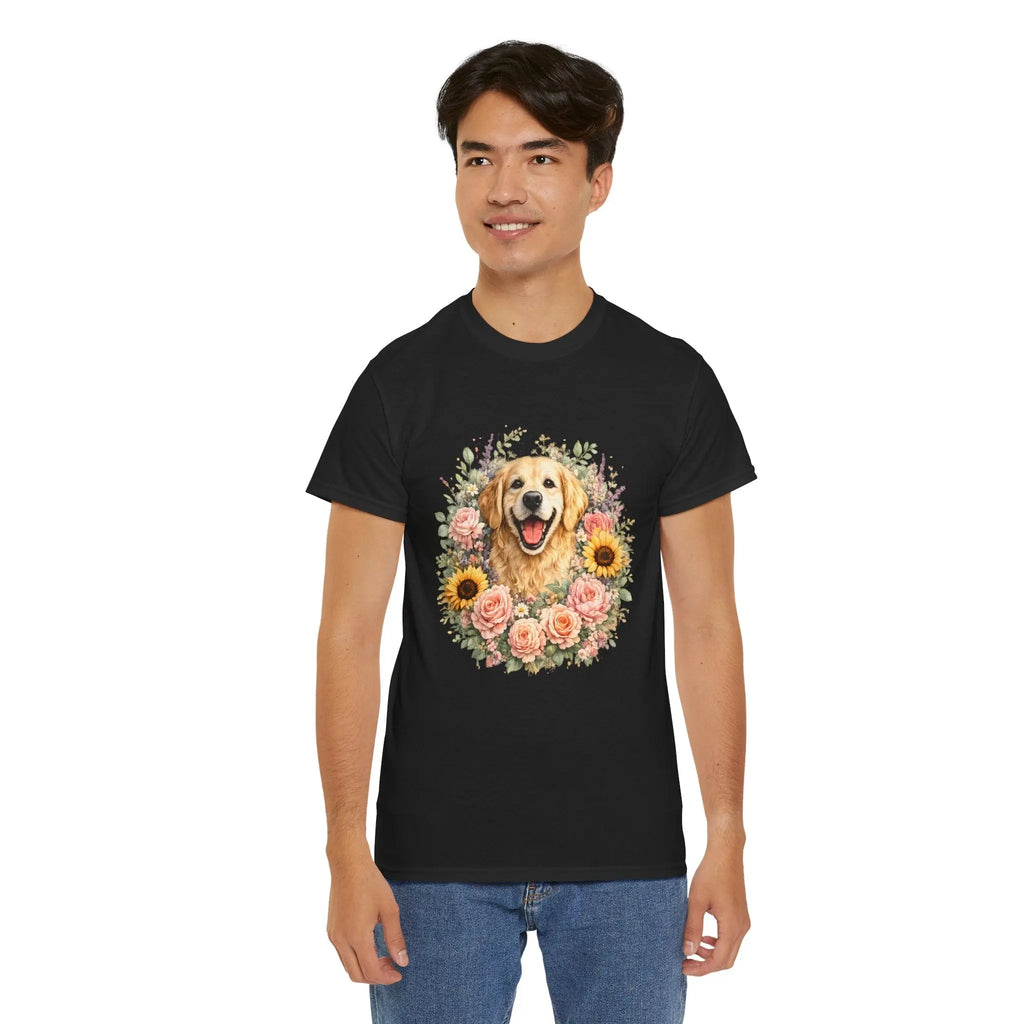 Golden Retriever Floral Tee — Happy Dog with Sunflowers & Roses Printify