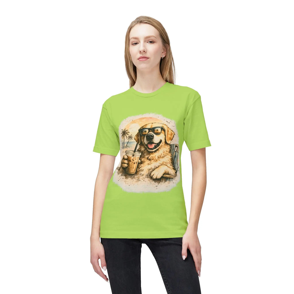 Golden Retriever Beach T-Shirt — Dog with Sunglasses & Drink Printify