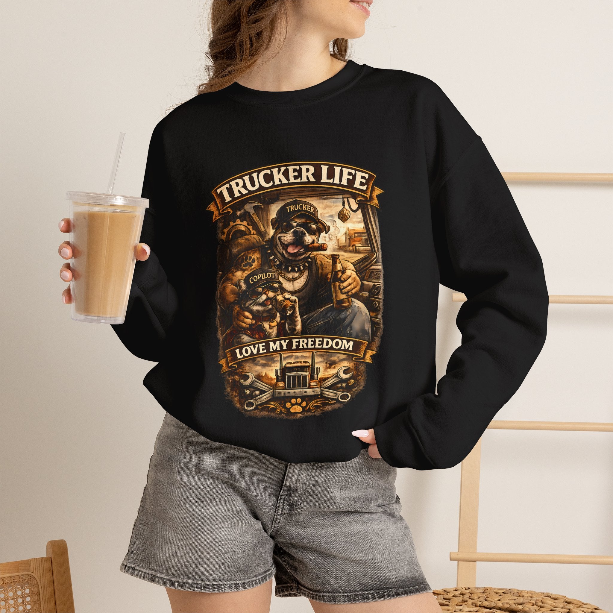Trucker Life Crewneck Sweatshirt – "Love My Freedom" Vintage Trucker Graphic