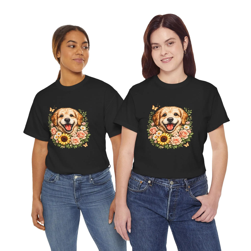 Golden Retriever Floral Tee — Happy Dog with Sunflowers Graphic T-Shirt Printify