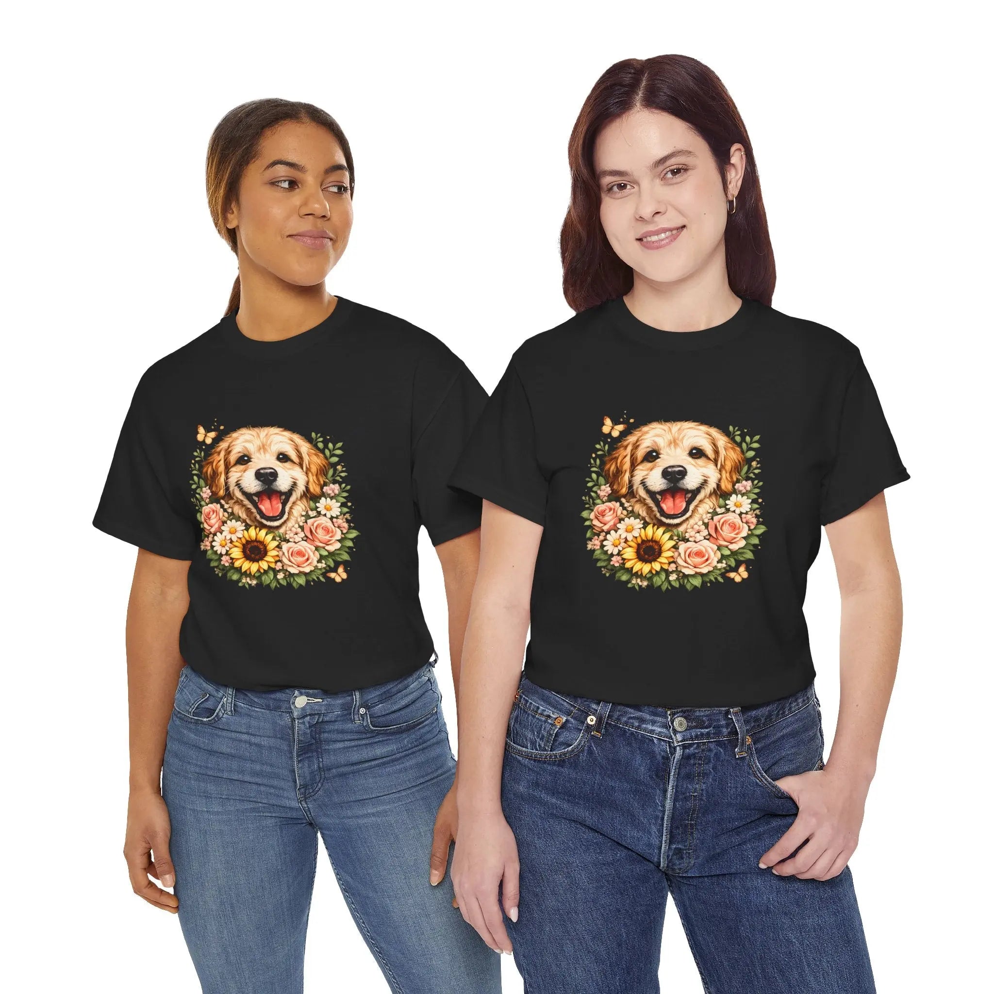 Golden Retriever Floral Tee — Happy Dog with Sunflowers Graphic T-Shirt Printify