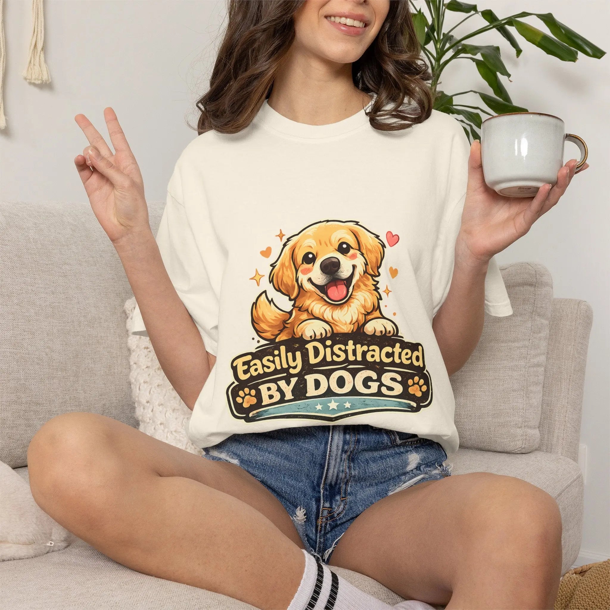 Dog Lover T-Shirt - "Easily Distracted By Dogs" Cute Golden Retriever Tee