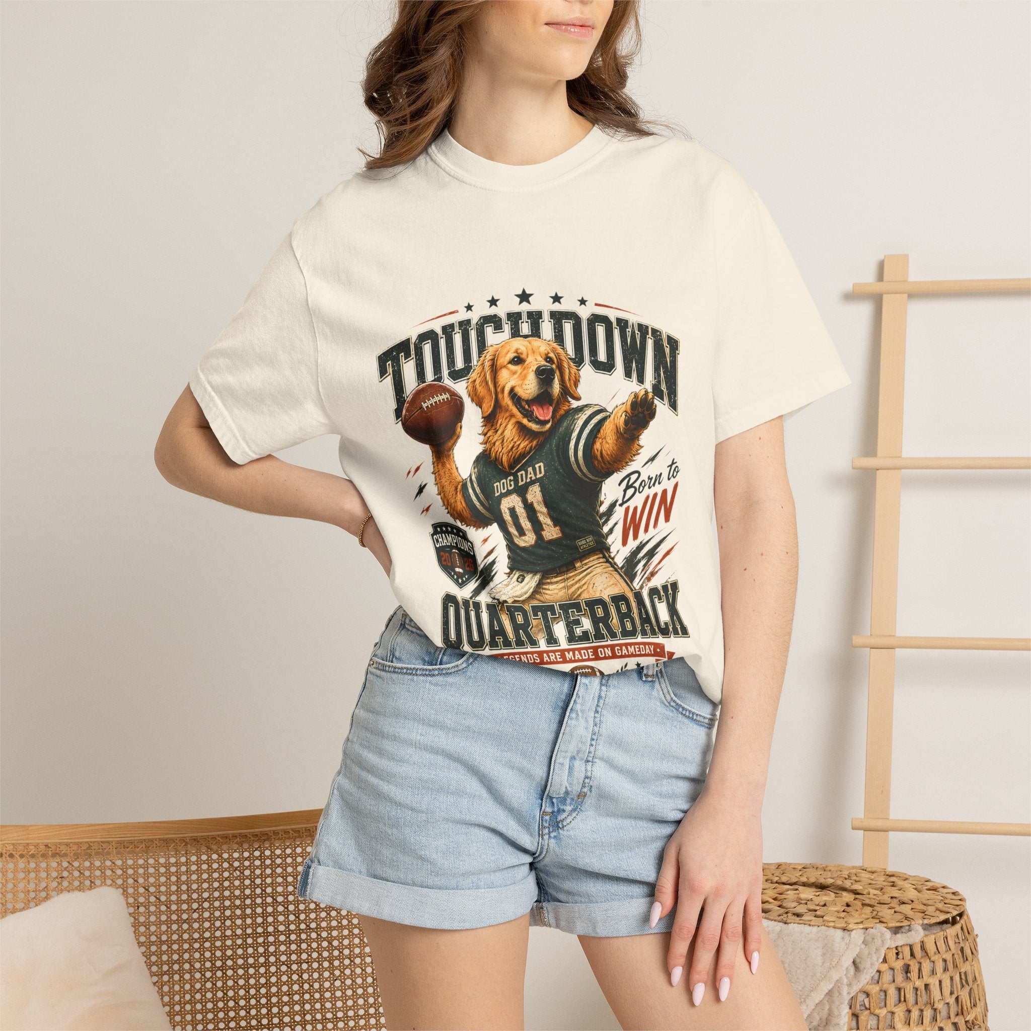 Touchdown Quarterback T-Shirt — Cute Golden Retriever Football Tee (Born to Win) Printify