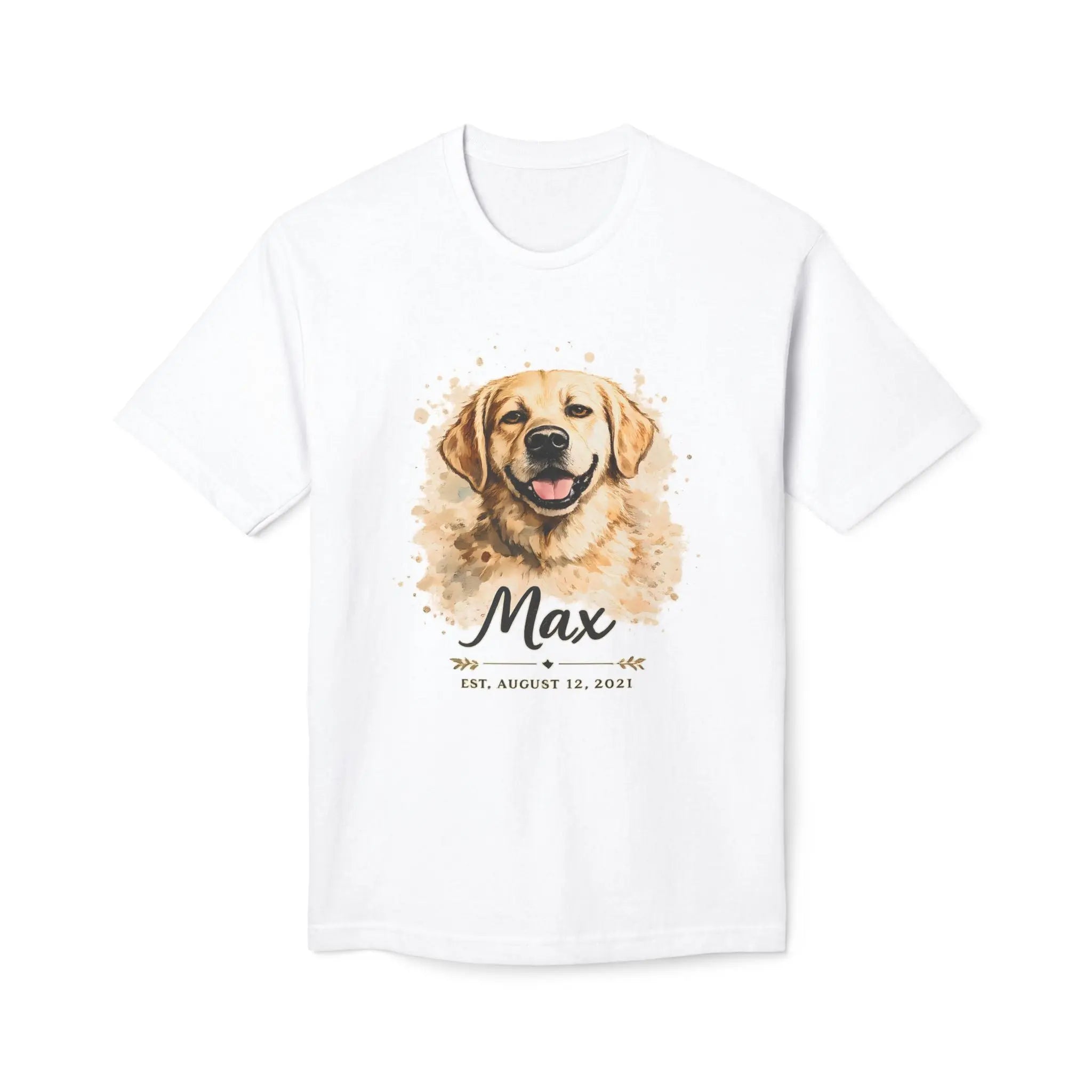 Personalized Dog Portrait Memorial T-Shirt — "Max" Name & Date Printify