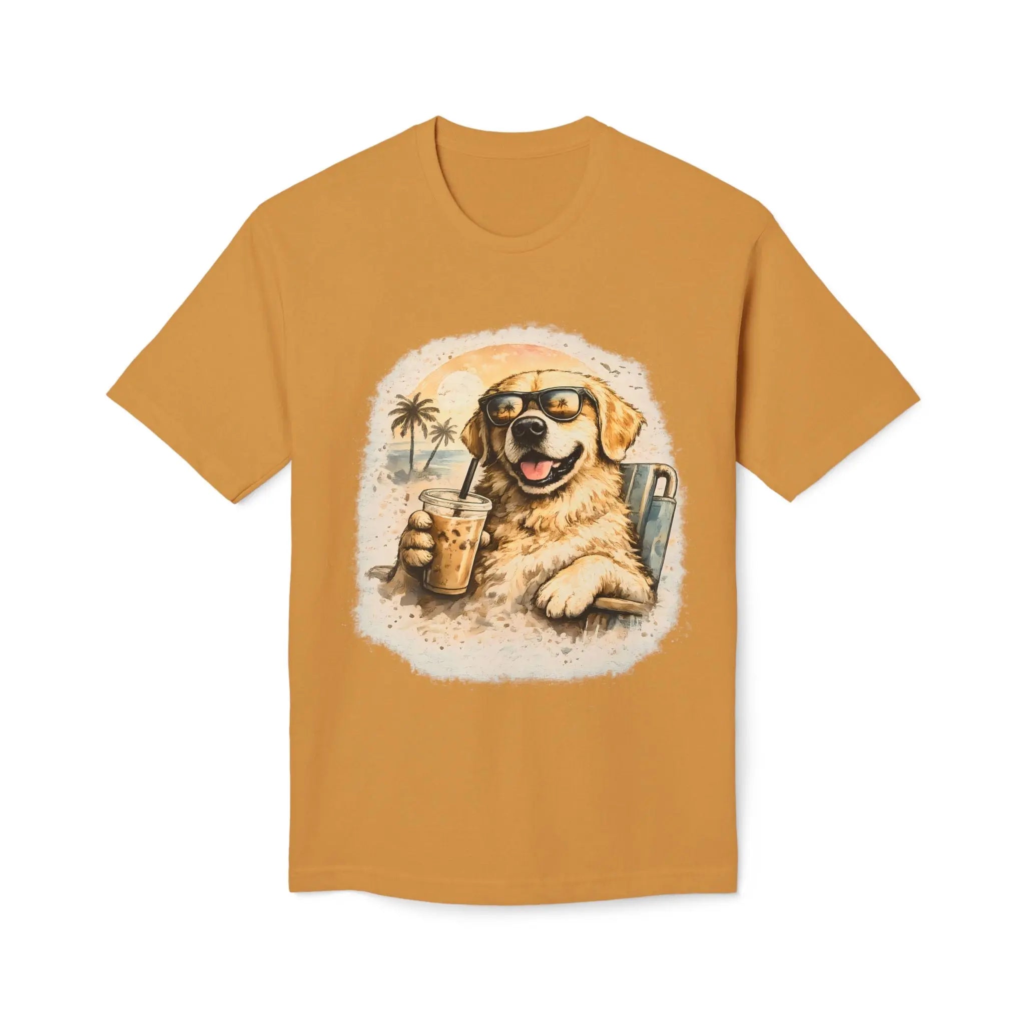 Golden Retriever Beach T-Shirt — Dog with Sunglasses & Drink Printify