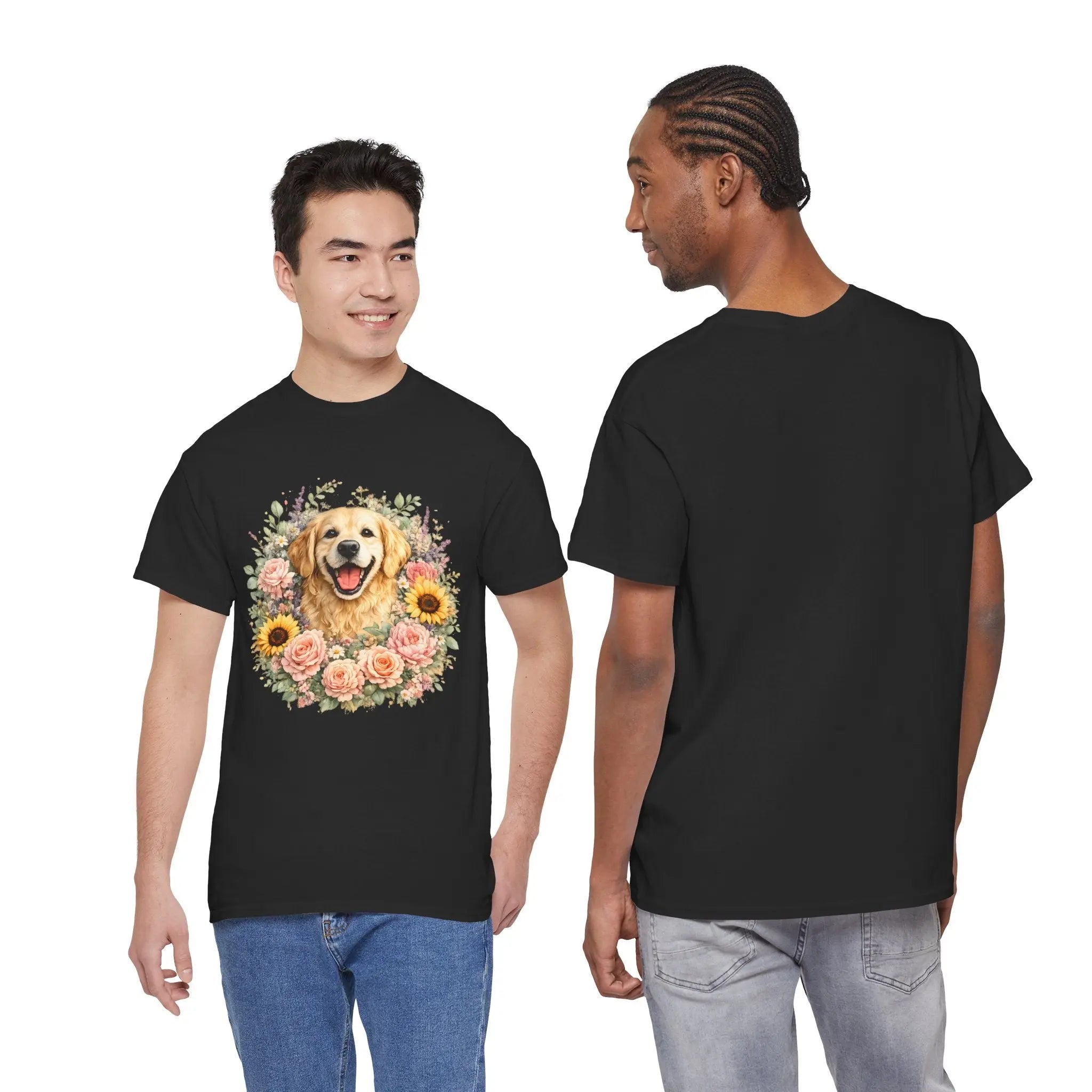 Golden Retriever Floral Tee — Happy Dog with Sunflowers & Roses Printify