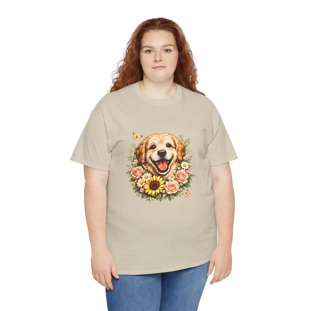 Golden Retriever Floral Tee — Happy Dog with Sunflowers Graphic T-Shirt Printify