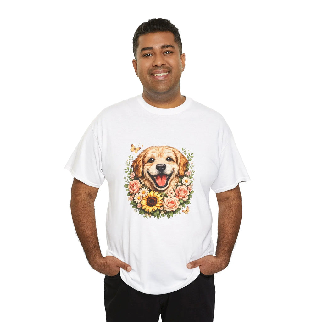 Golden Retriever Floral Tee — Happy Dog with Sunflowers Graphic T-Shirt Printify