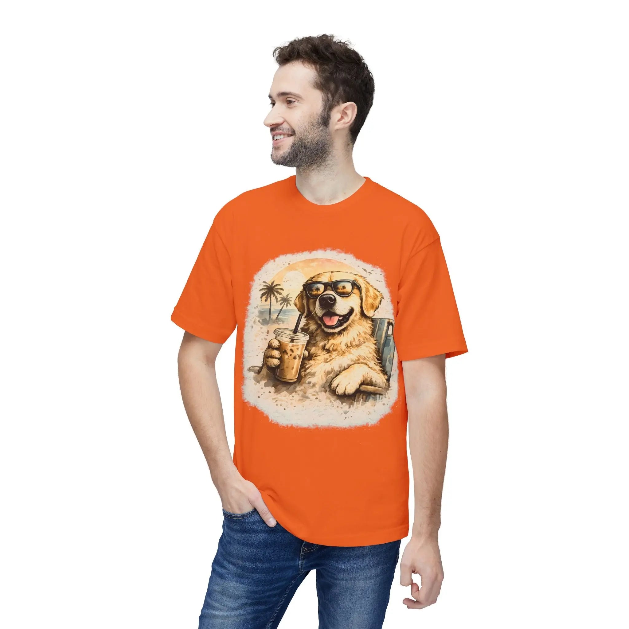 Golden Retriever Beach T-Shirt — Dog with Sunglasses & Drink Printify