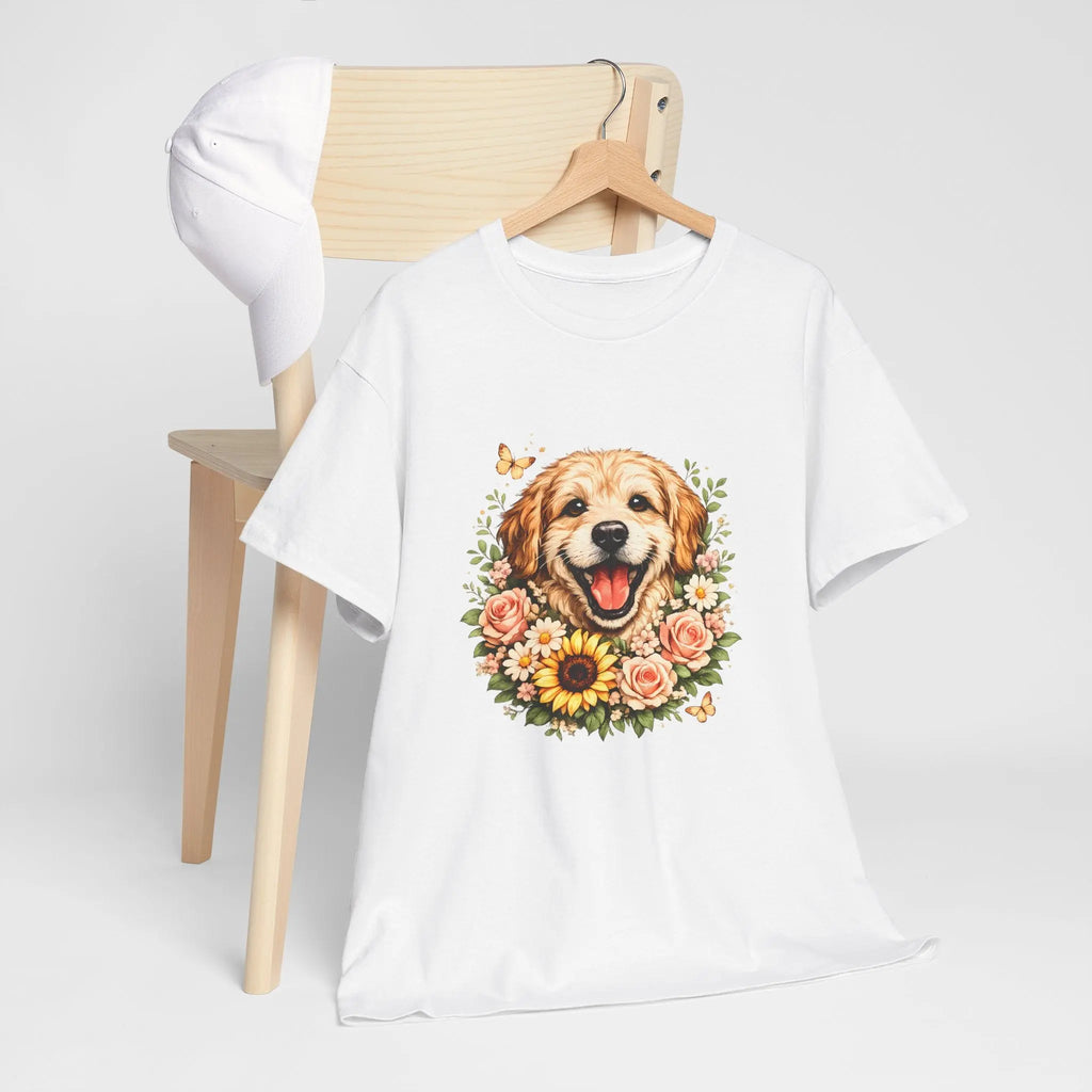 Golden Retriever Floral Tee — Happy Dog with Sunflowers Graphic T-Shirt Printify