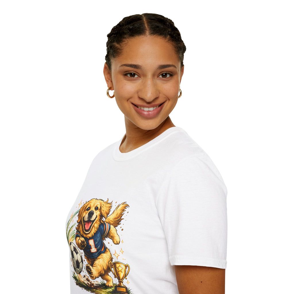 Golden Retriever Soccer T-Shirt — Cute Dog Playing Soccer Graphic Tee Printify
