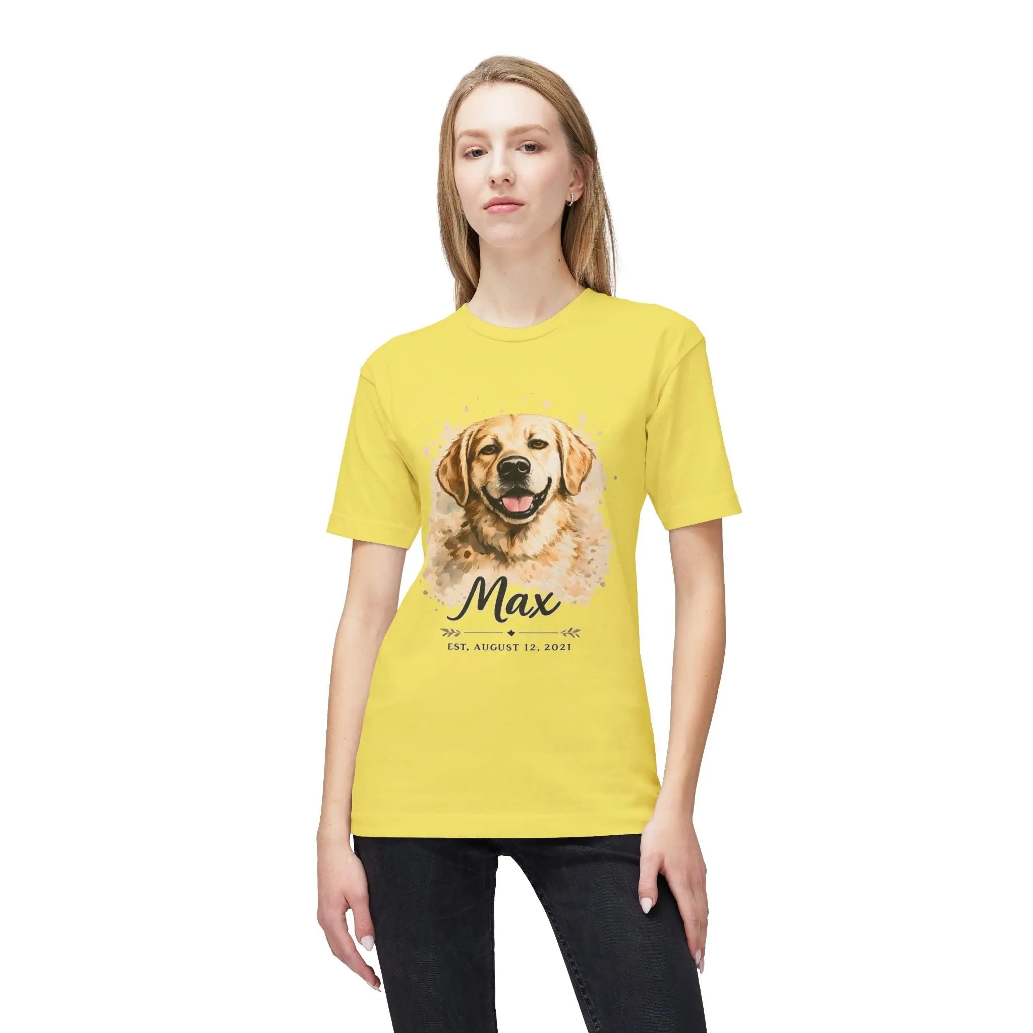 Personalized Dog Portrait Memorial T-Shirt — "Max" Name & Date Printify