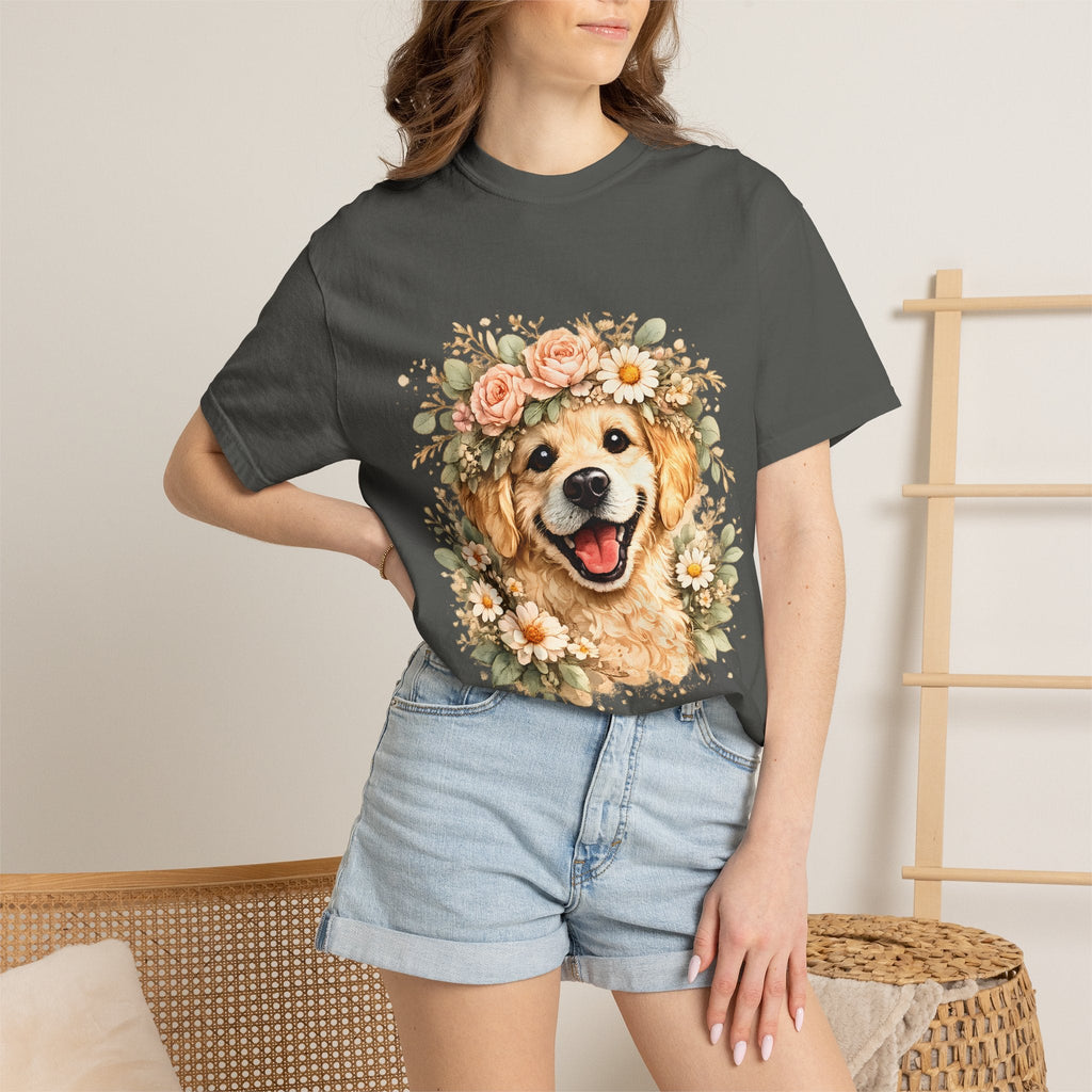 Golden Retriever Floral Crown T-Shirt — Cute Dog Tee for Pet Lovers Printify