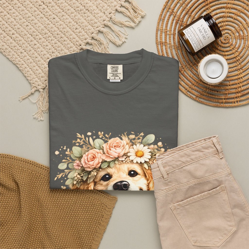 Golden Retriever Floral Crown T-Shirt — Cute Dog Tee for Pet Lovers Printify