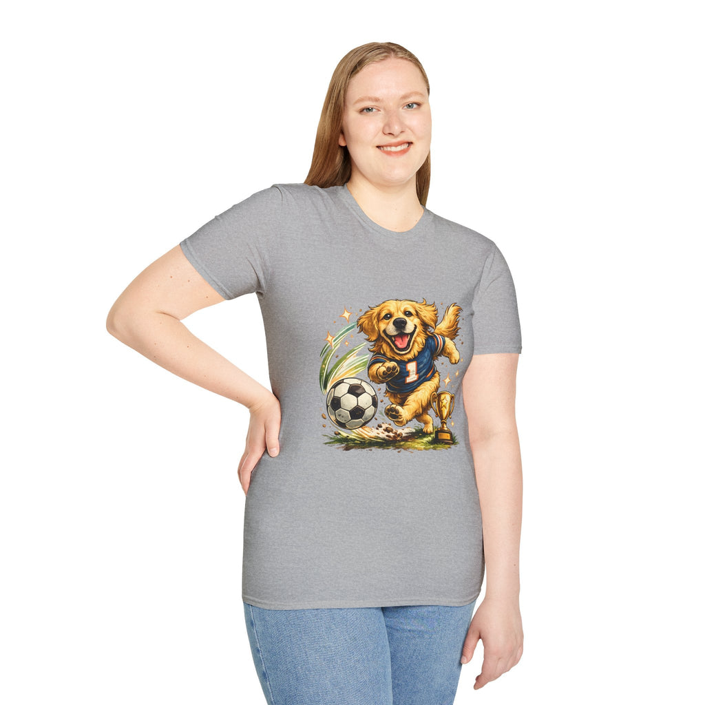 Golden Retriever Soccer T-Shirt — Cute Dog Playing Soccer Graphic Tee Printify