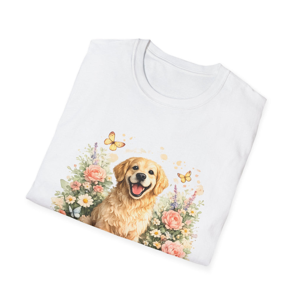 Golden Retriever Floral T-Shirt — Cute Dog with Butterflies Design Printify
