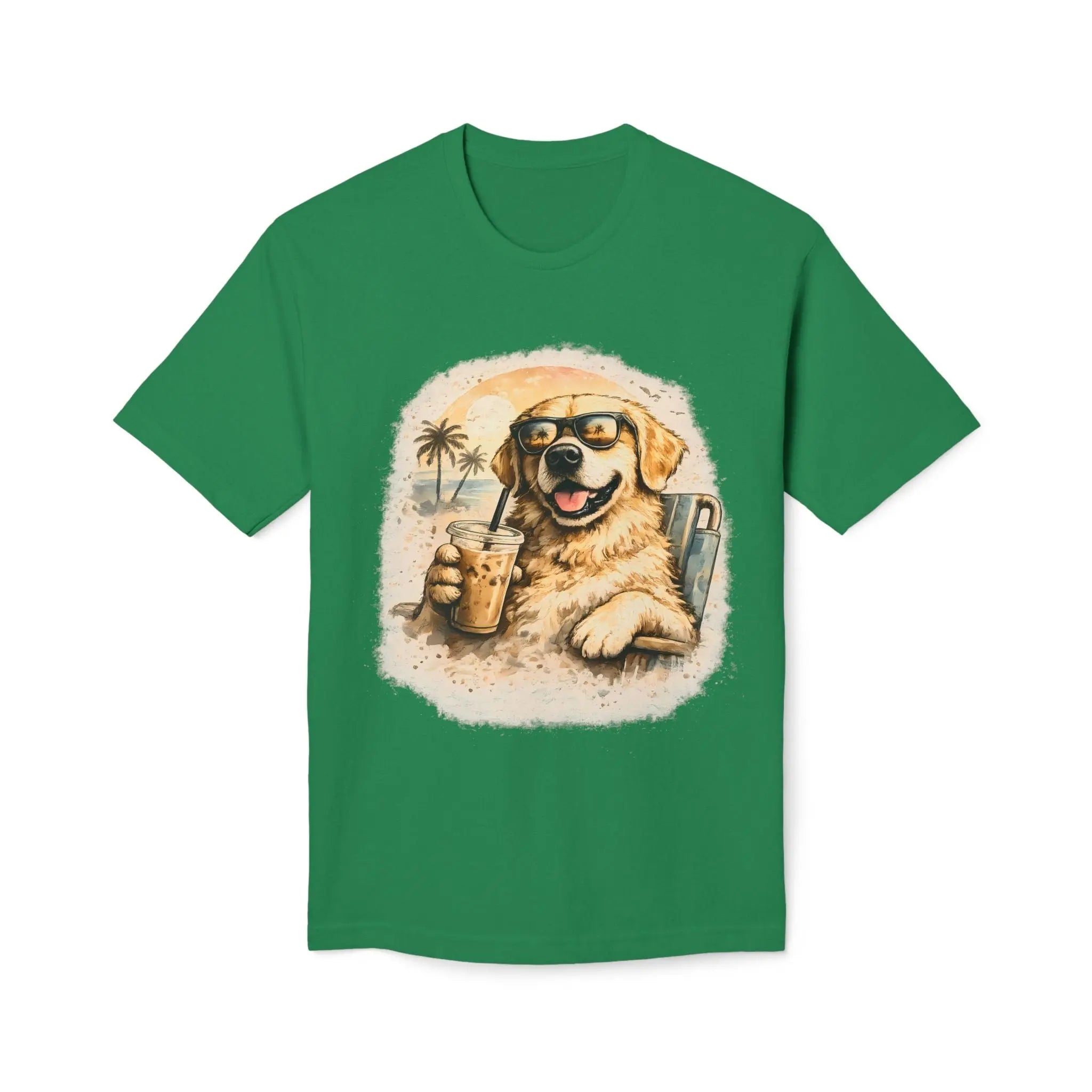 Golden Retriever Beach T-Shirt — Dog with Sunglasses & Drink Printify