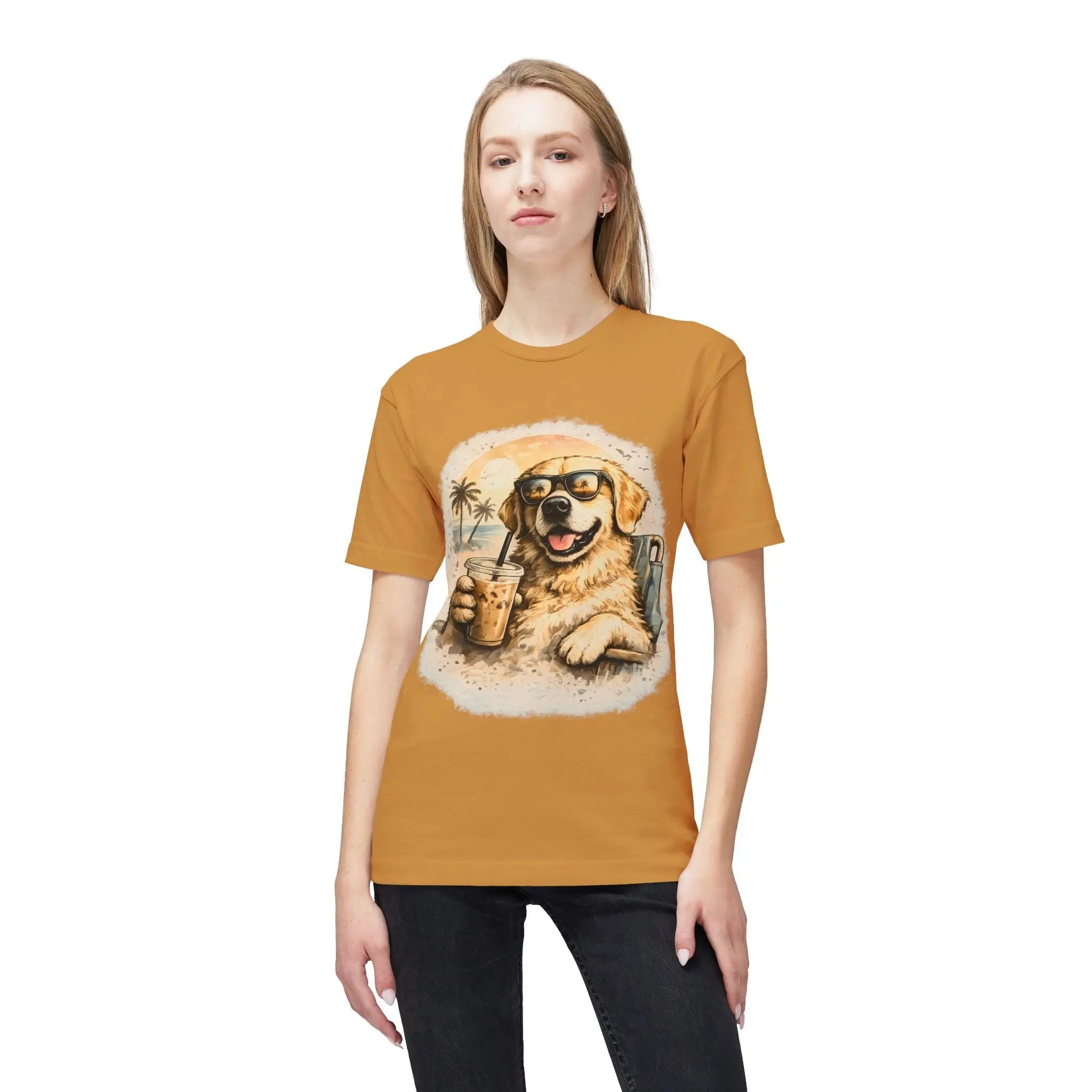 Golden Retriever Beach T-Shirt — Dog with Sunglasses & Drink Printify