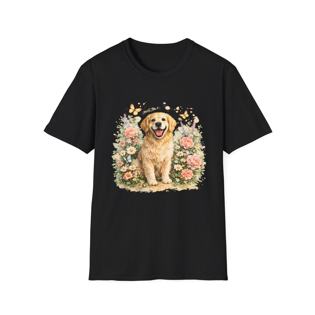 Golden Retriever Floral T-Shirt — Cute Dog with Butterflies Design Printify