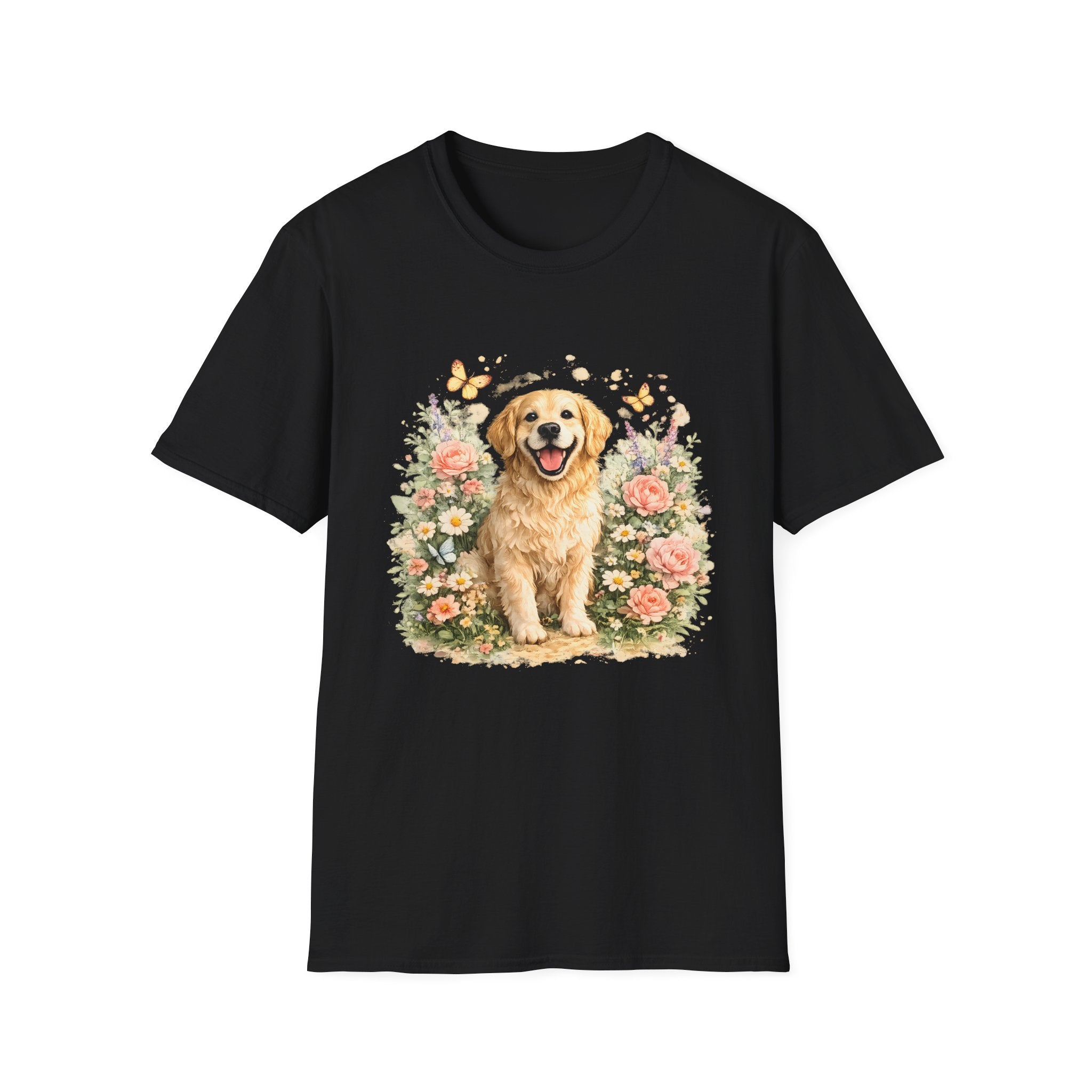 Golden Retriever Floral T-Shirt — Cute Dog with Butterflies Design Printify