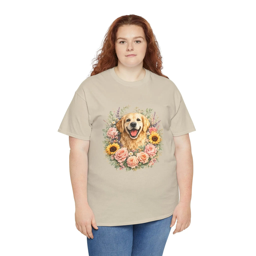 Golden Retriever Floral Tee — Happy Dog with Sunflowers & Roses Printify