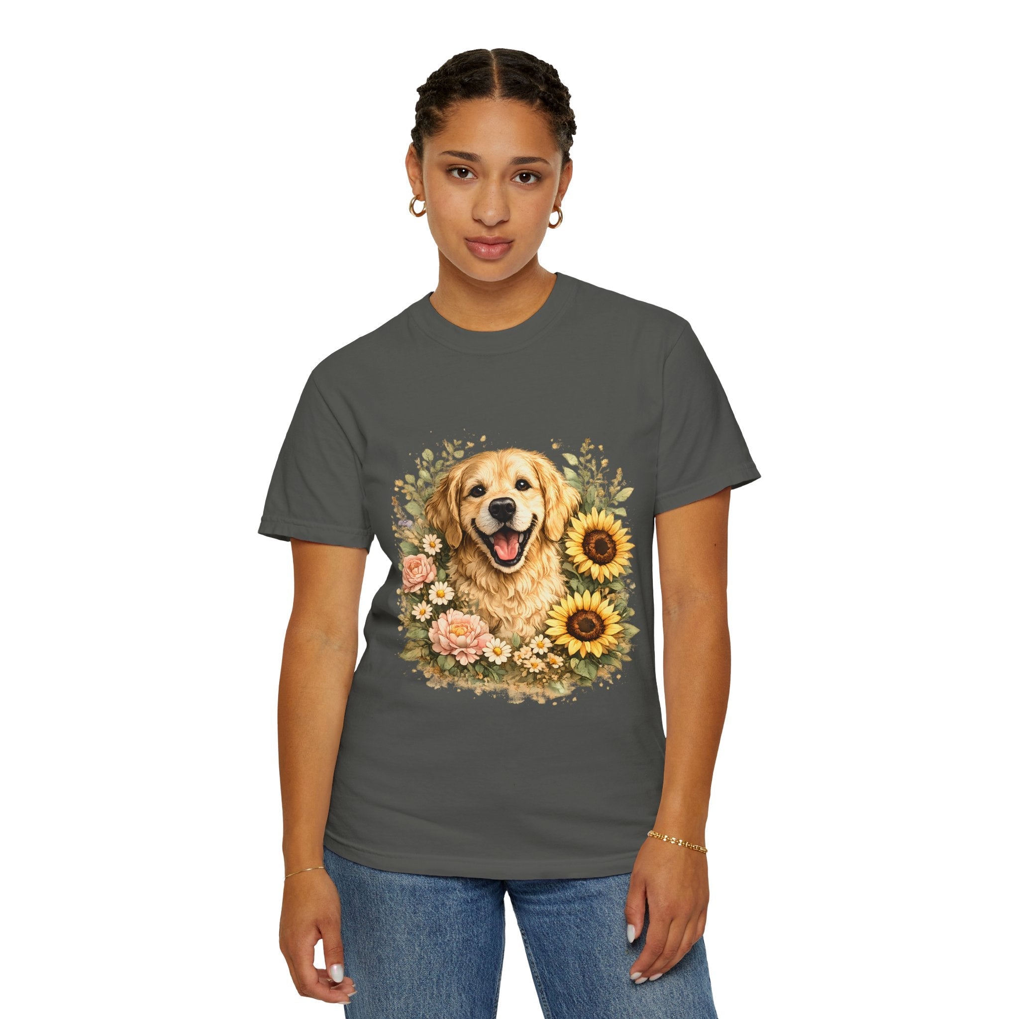 Golden Retriever Sunflower T-Shirt — Happy Dog Floral Tee Printify