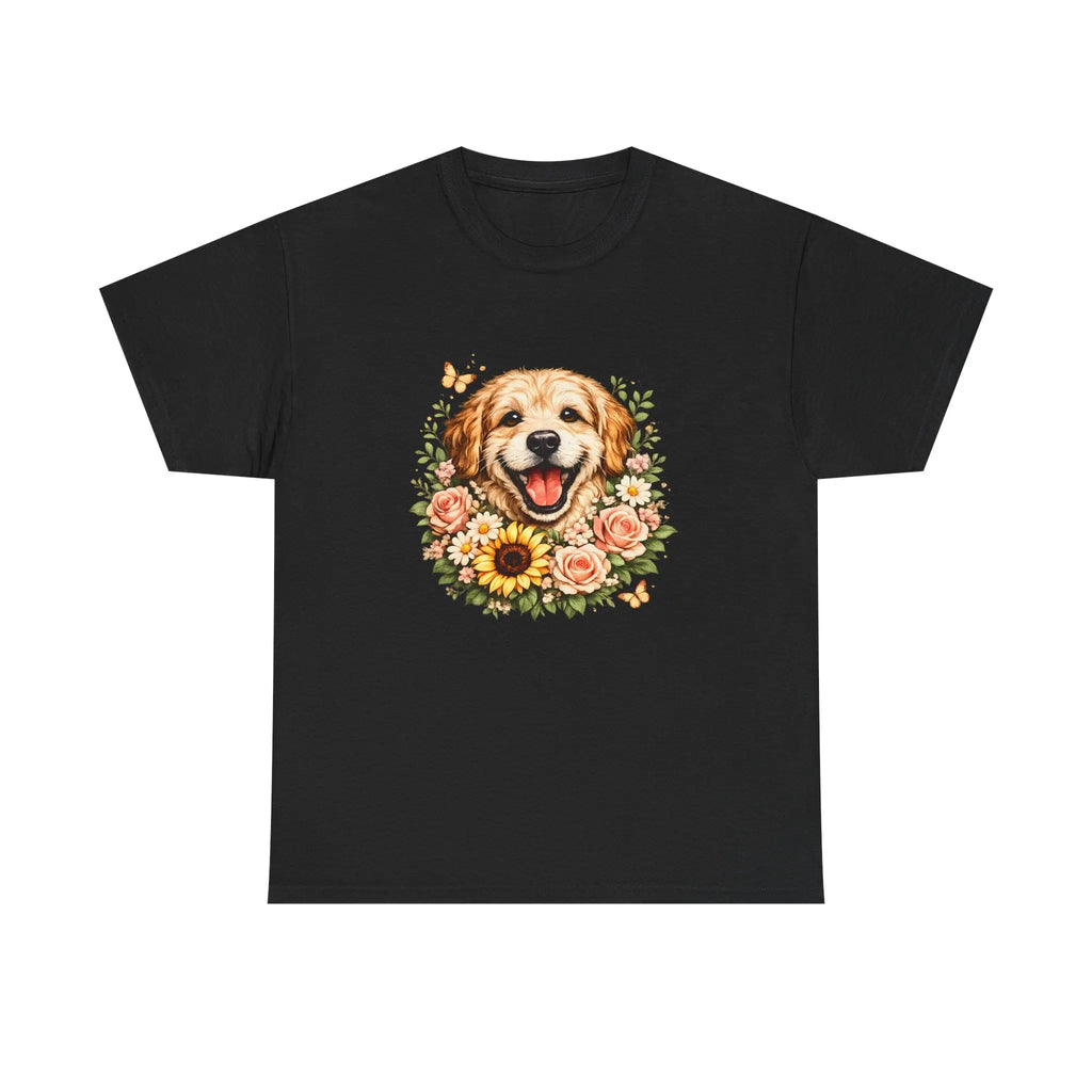 Golden Retriever Floral Tee — Happy Dog with Sunflowers Graphic T-Shirt Printify