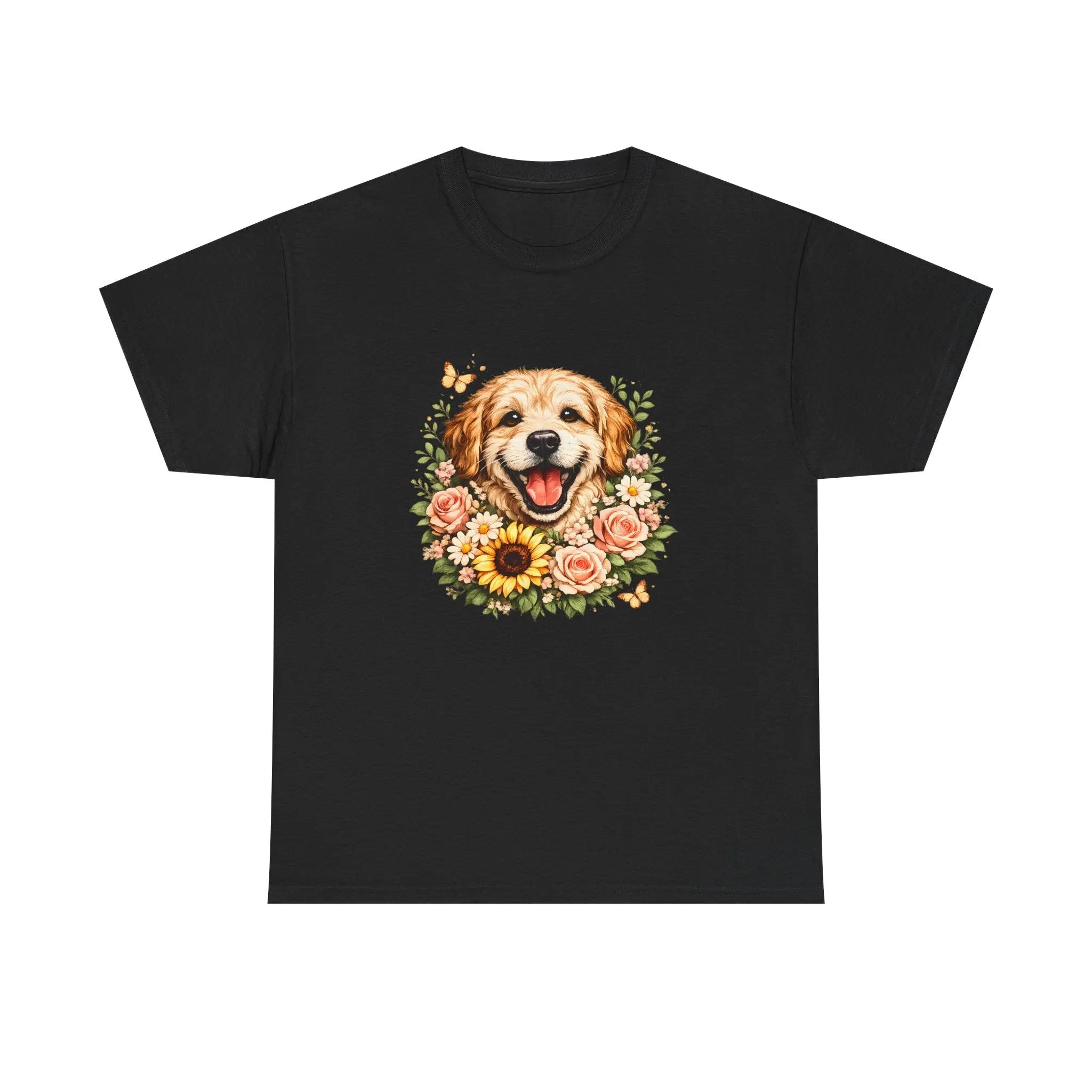 Golden Retriever Floral Tee — Happy Dog with Sunflowers Graphic T-Shirt Printify