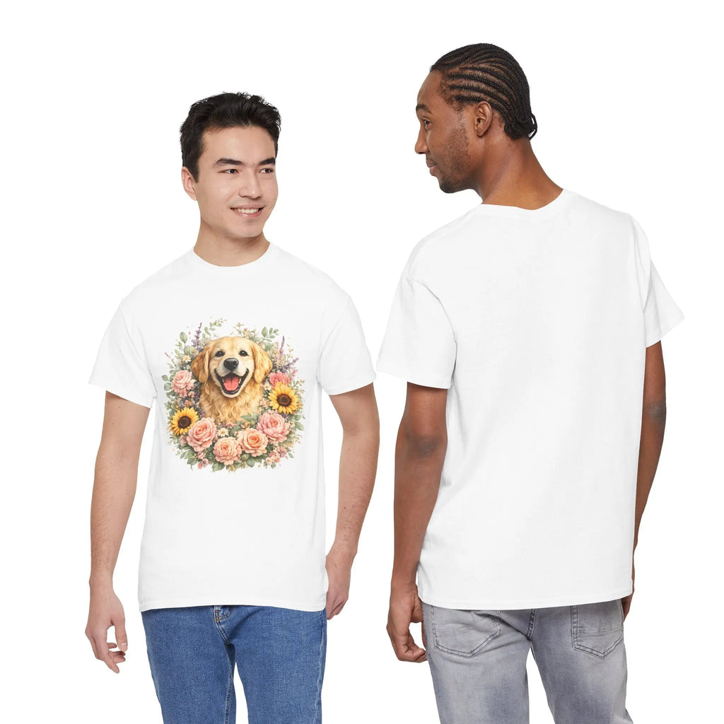 Golden Retriever Floral Tee — Happy Dog with Sunflowers & Roses Printify