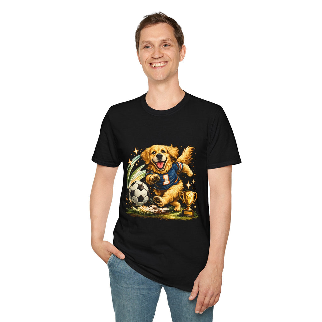 Golden Retriever Soccer T-Shirt — Cute Dog Playing Soccer Graphic Tee Printify