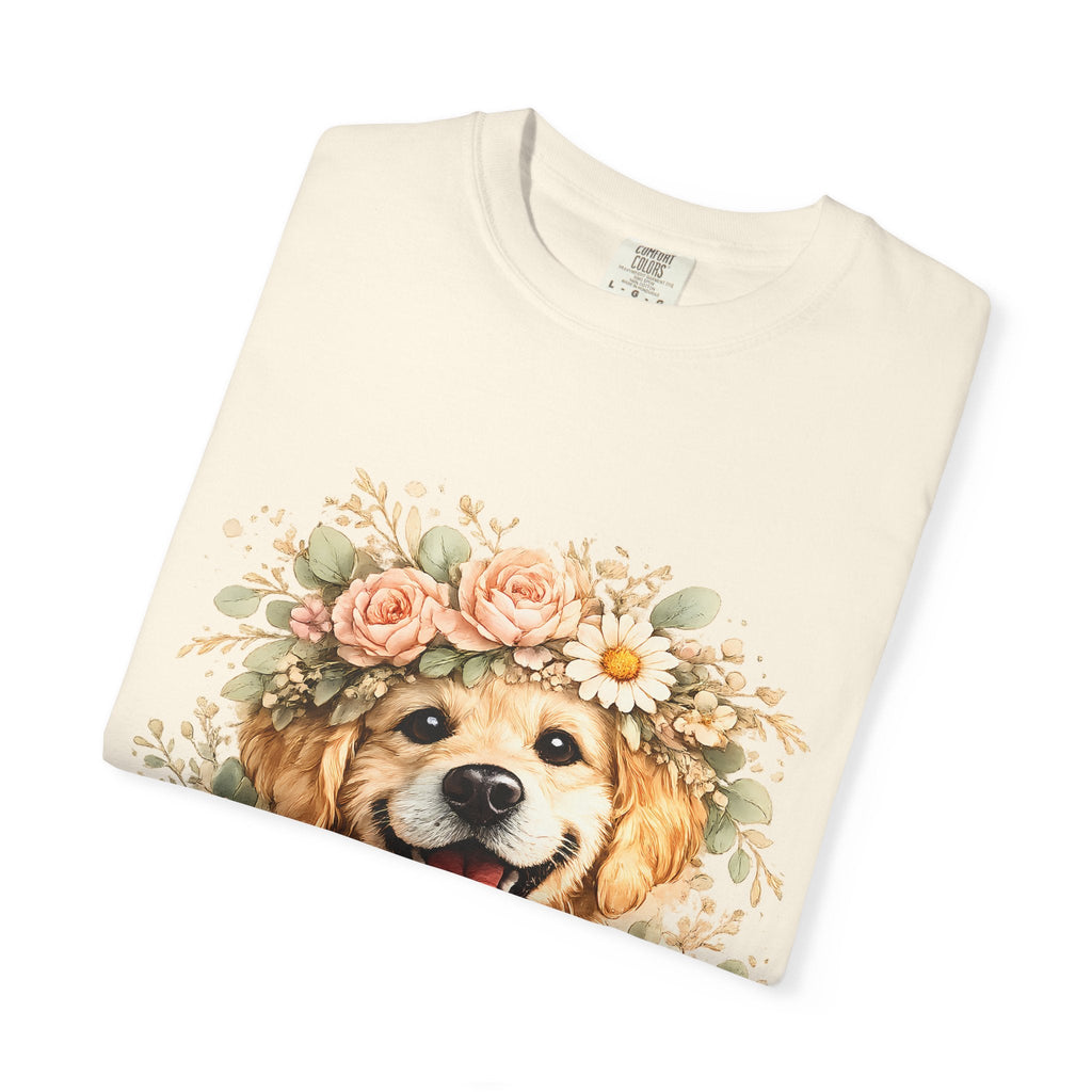Golden Retriever Floral Crown T-Shirt — Cute Dog Tee for Pet Lovers Printify