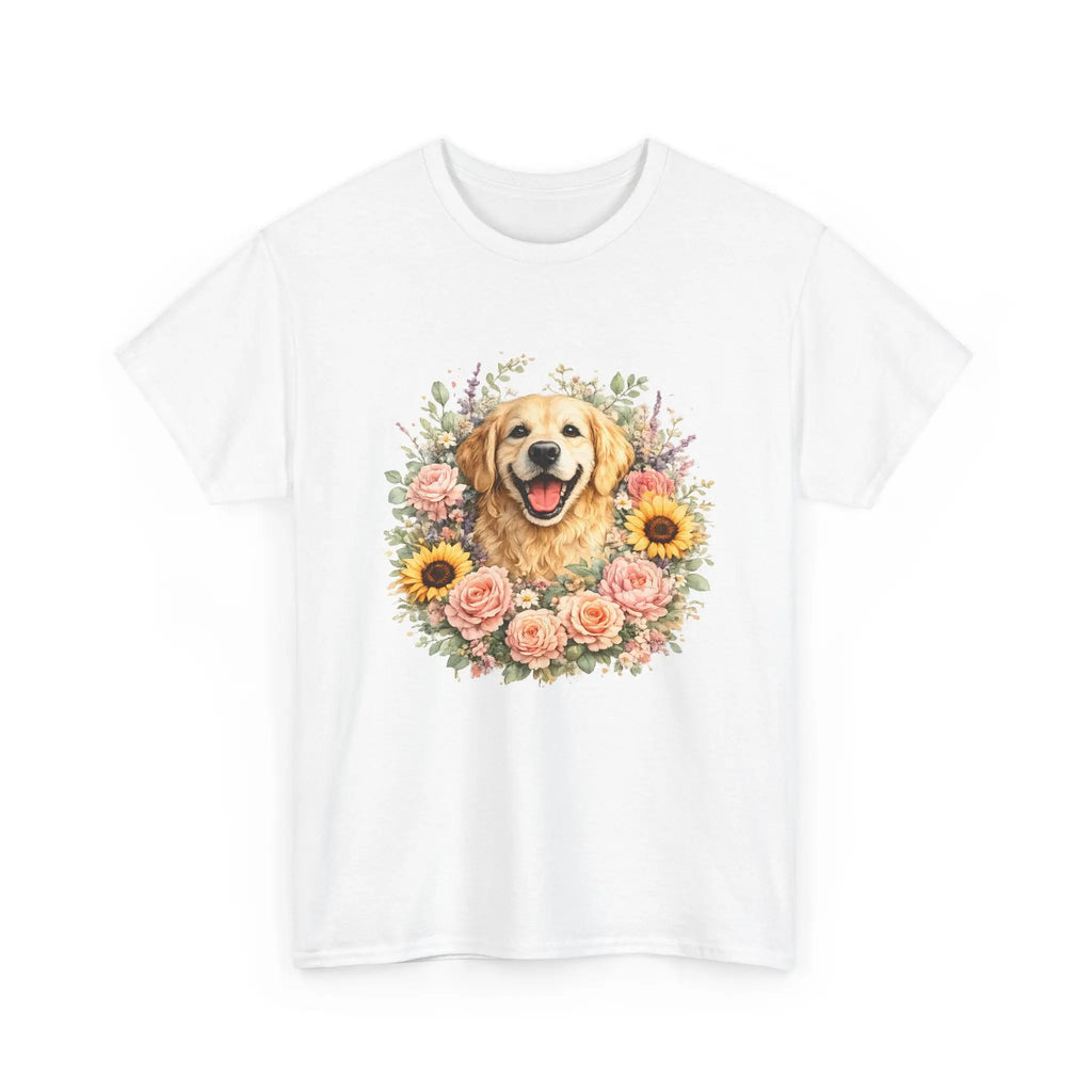 Golden Retriever Floral Tee — Happy Dog with Sunflowers & Roses Printify