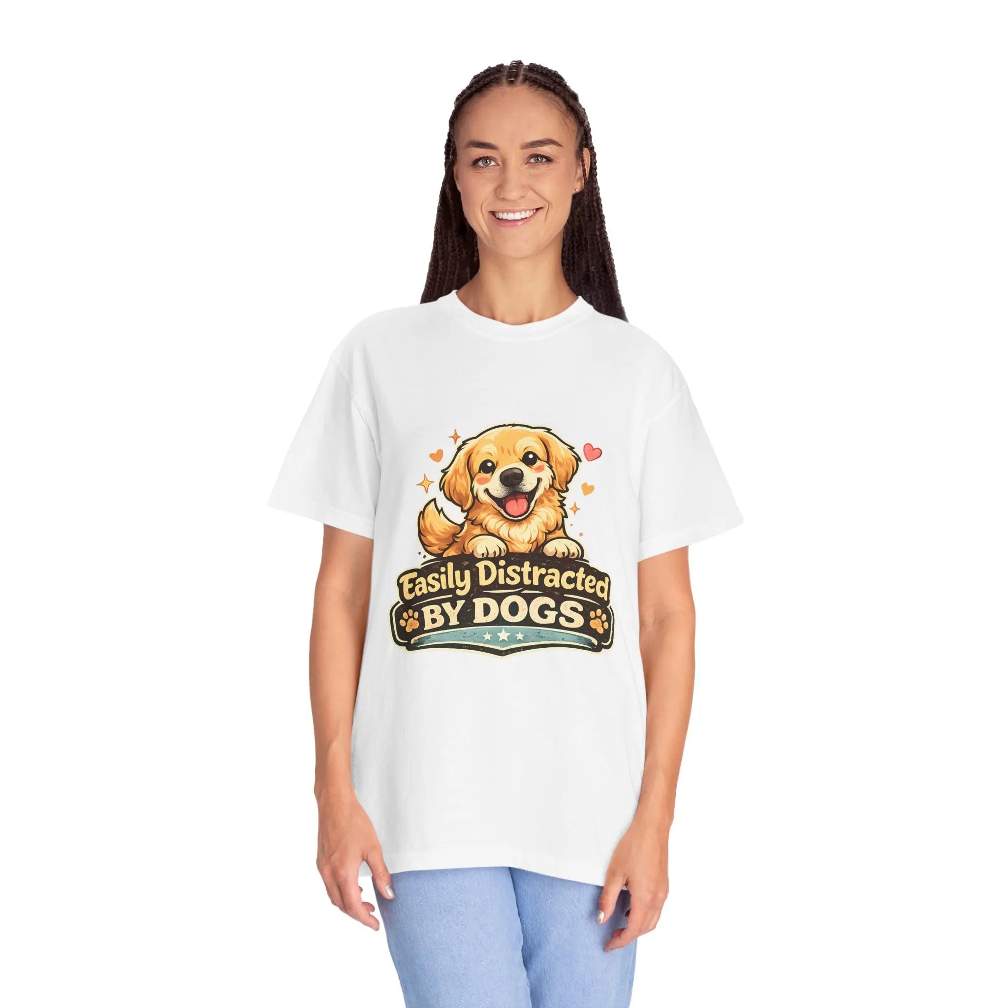 Dog Lover T-Shirt - "Easily Distracted By Dogs" Cute Golden Retriever Tee