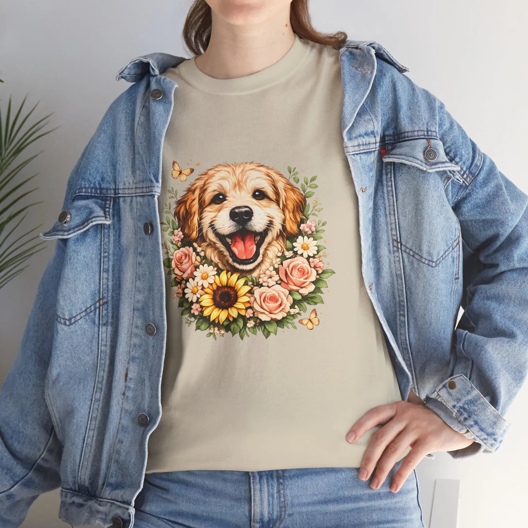 Golden Retriever Floral Tee — Happy Dog with Sunflowers Graphic T-Shirt Printify