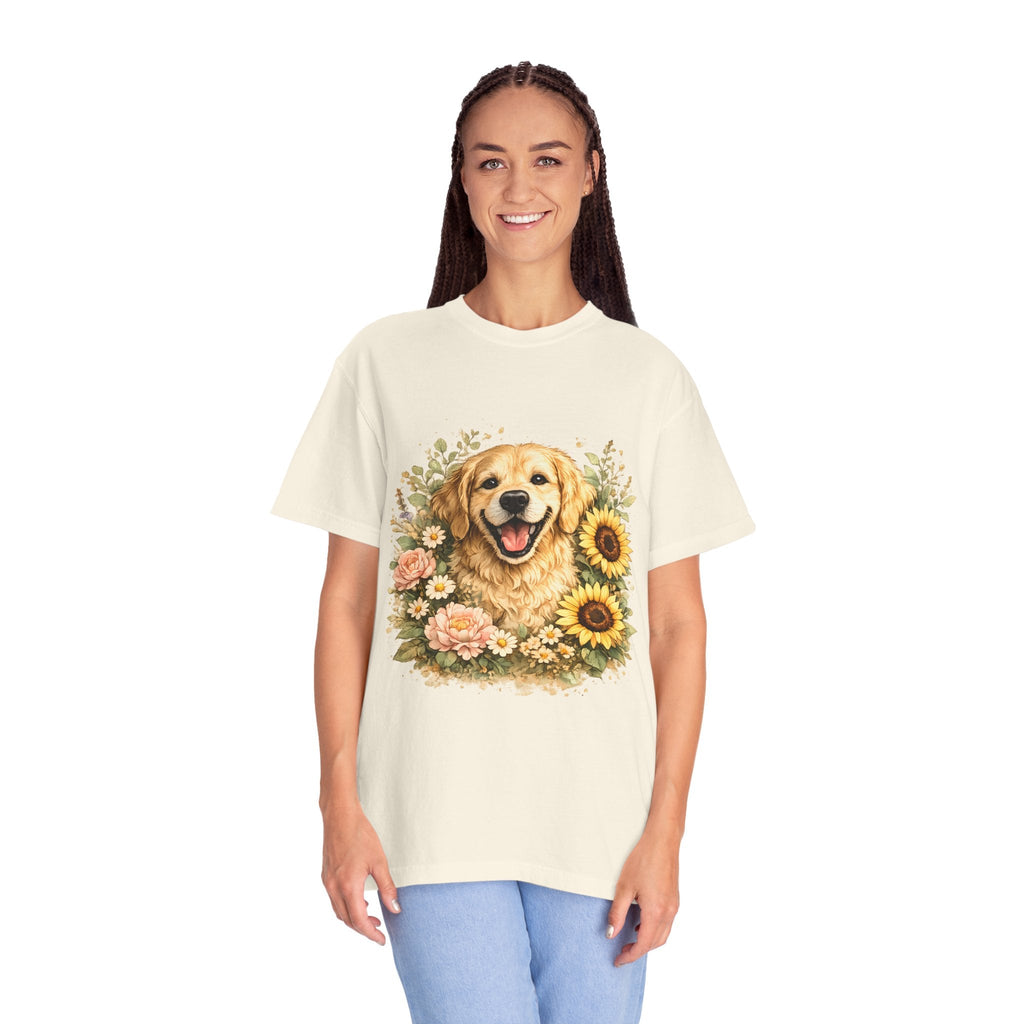 Golden Retriever Sunflower T-Shirt — Happy Dog Floral Tee Printify