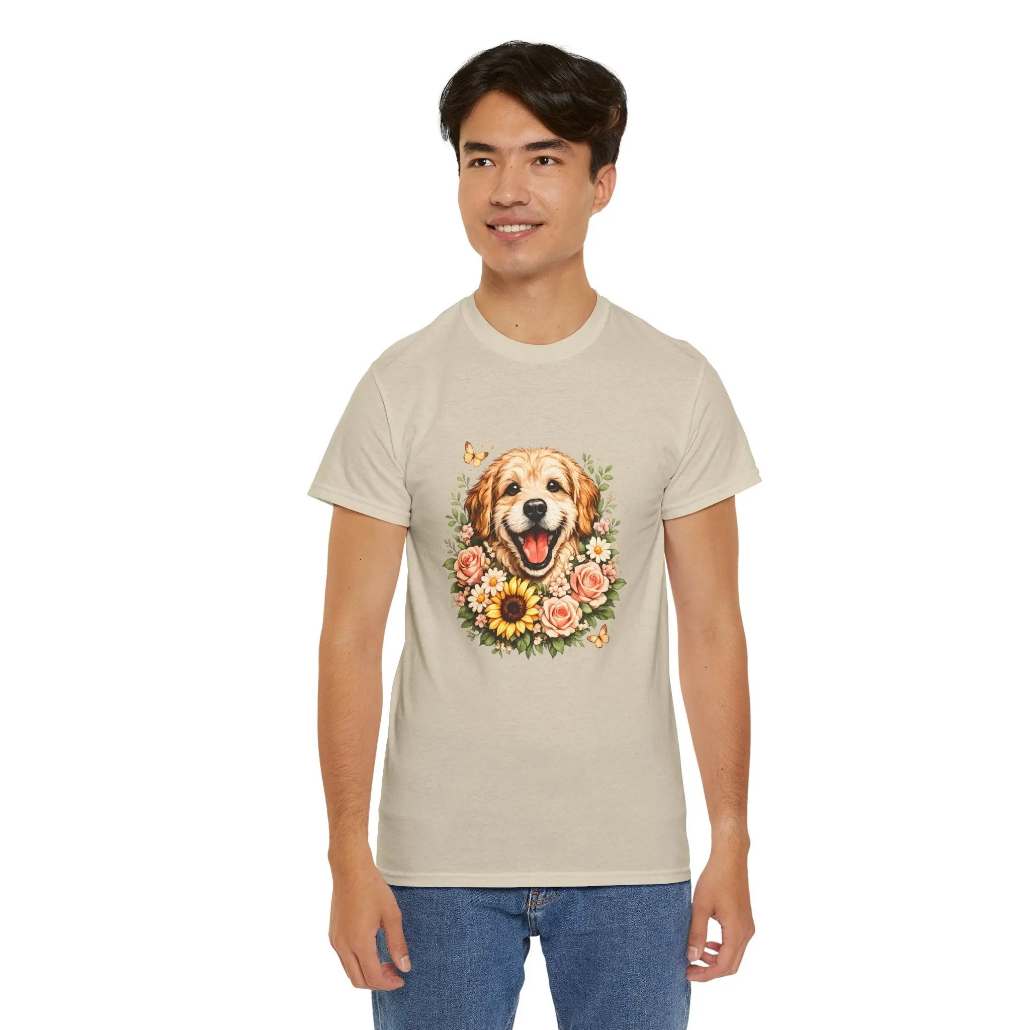 Golden Retriever Floral Tee — Happy Dog with Sunflowers Graphic T-Shirt Printify