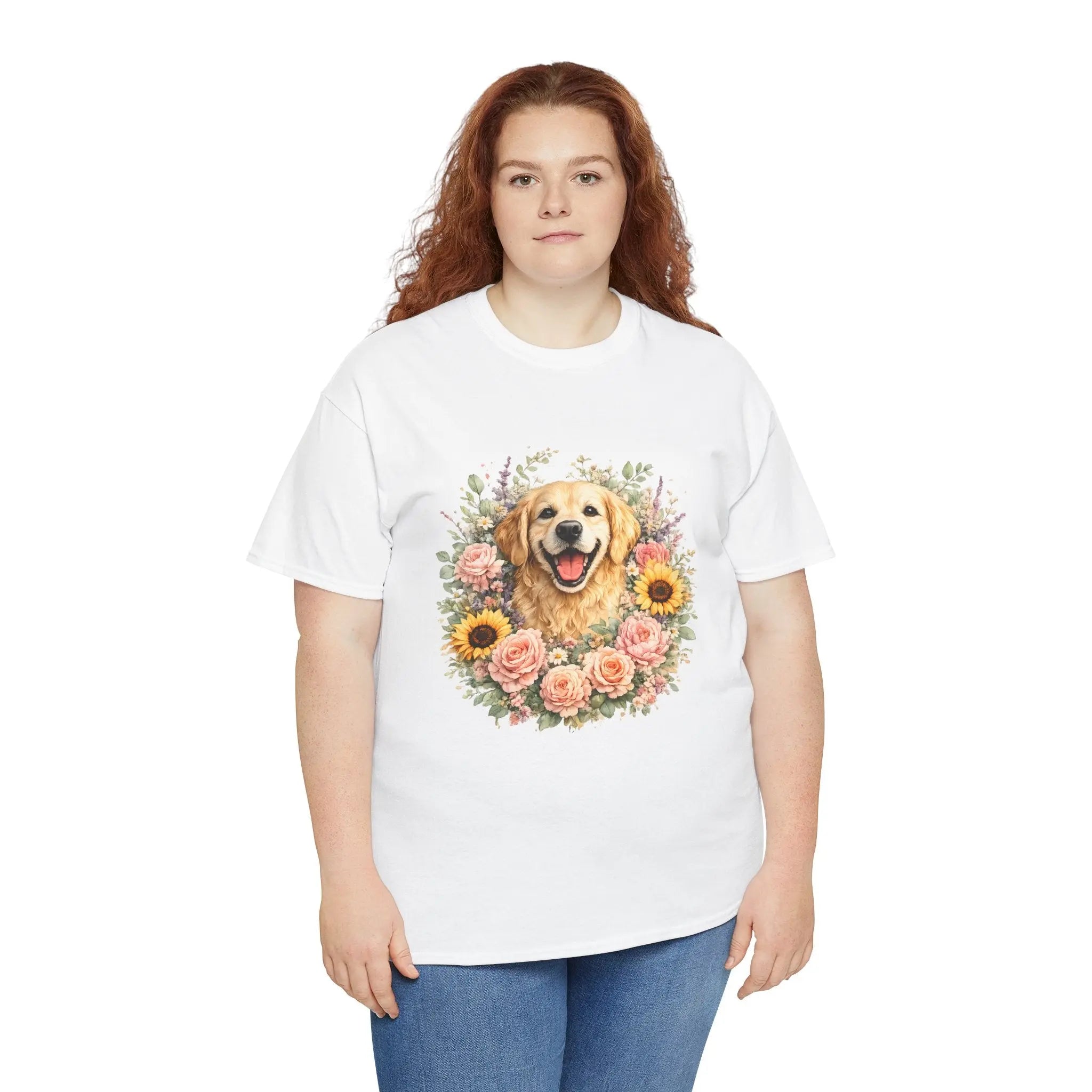 Golden Retriever Floral Tee — Happy Dog with Sunflowers & Roses Printify