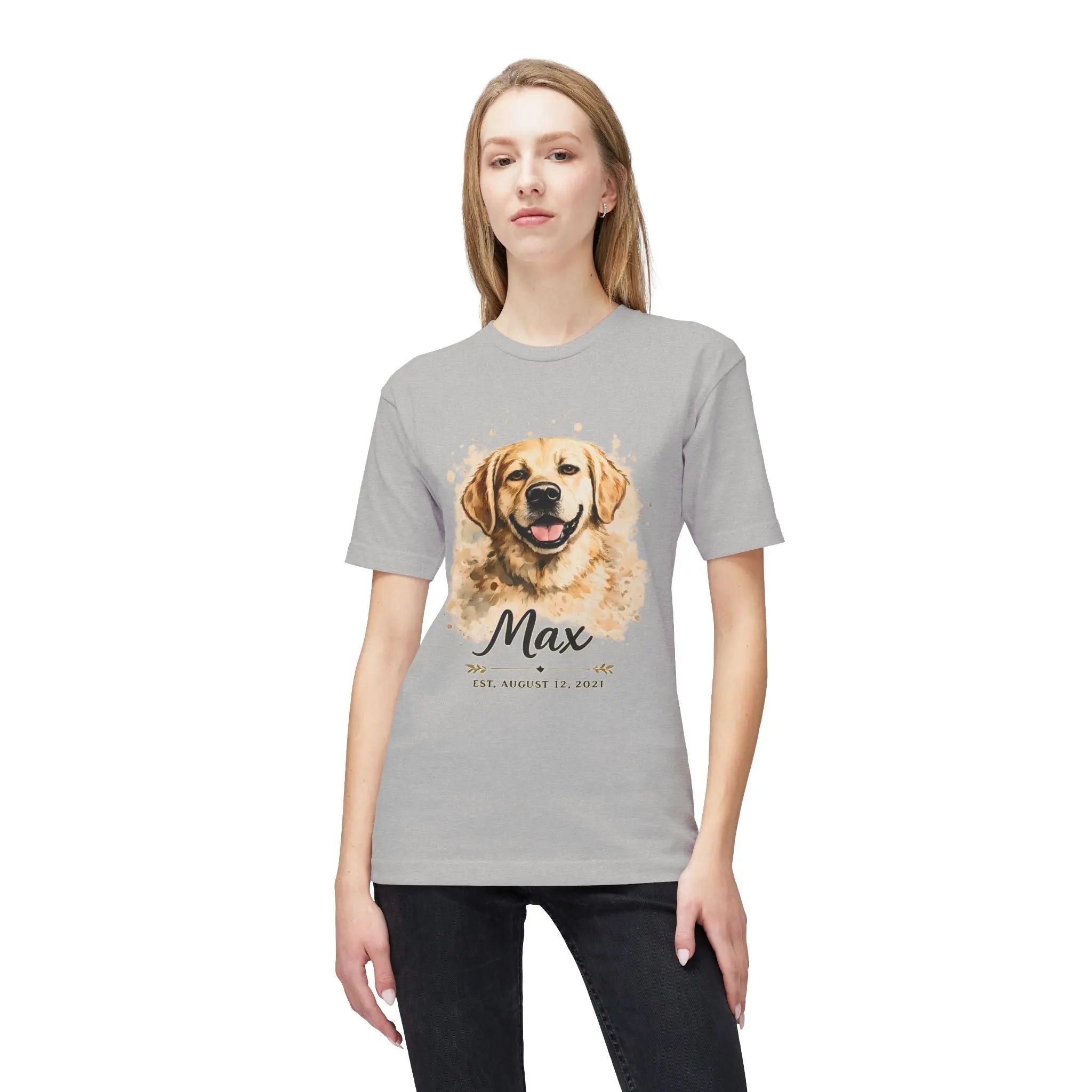 Personalized Dog Portrait Memorial T-Shirt — "Max" Name & Date Printify