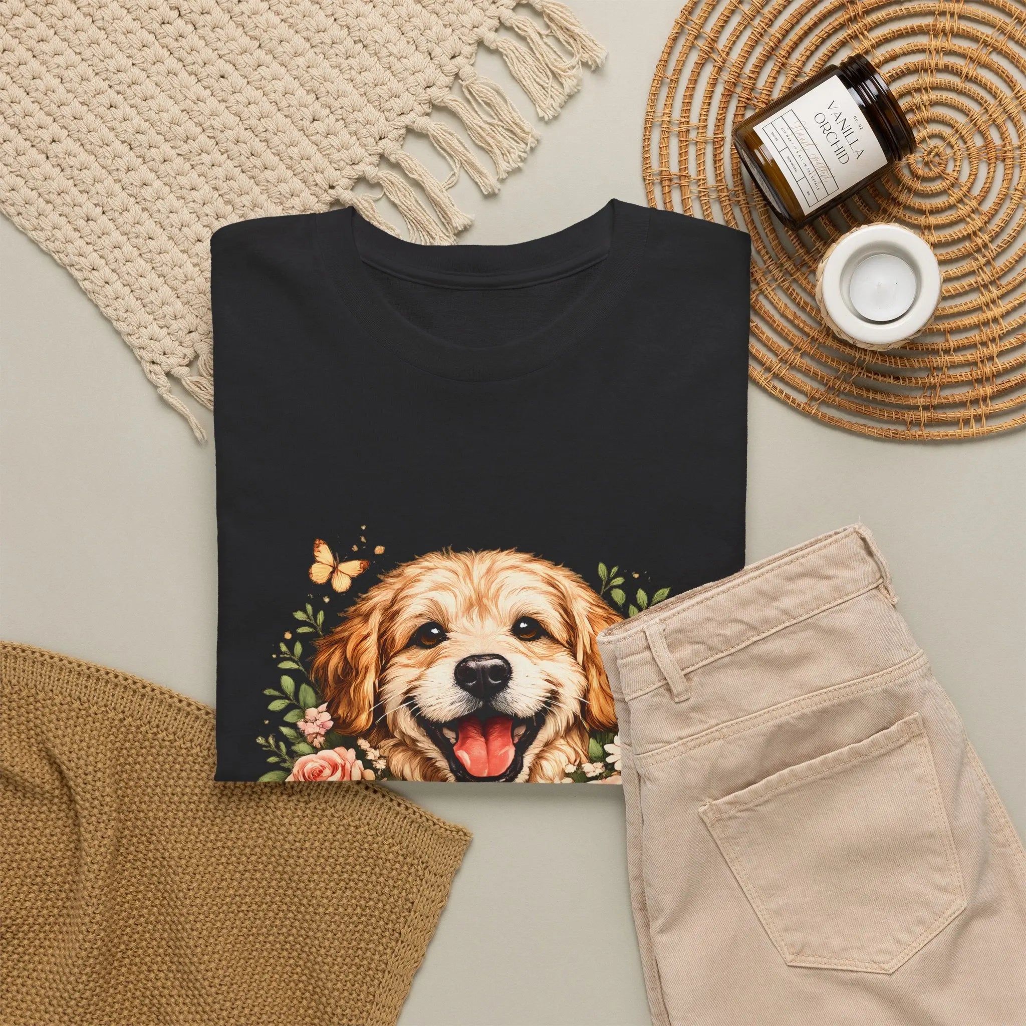 Golden Retriever Floral Tee — Happy Dog with Sunflowers Graphic T-Shirt Printify
