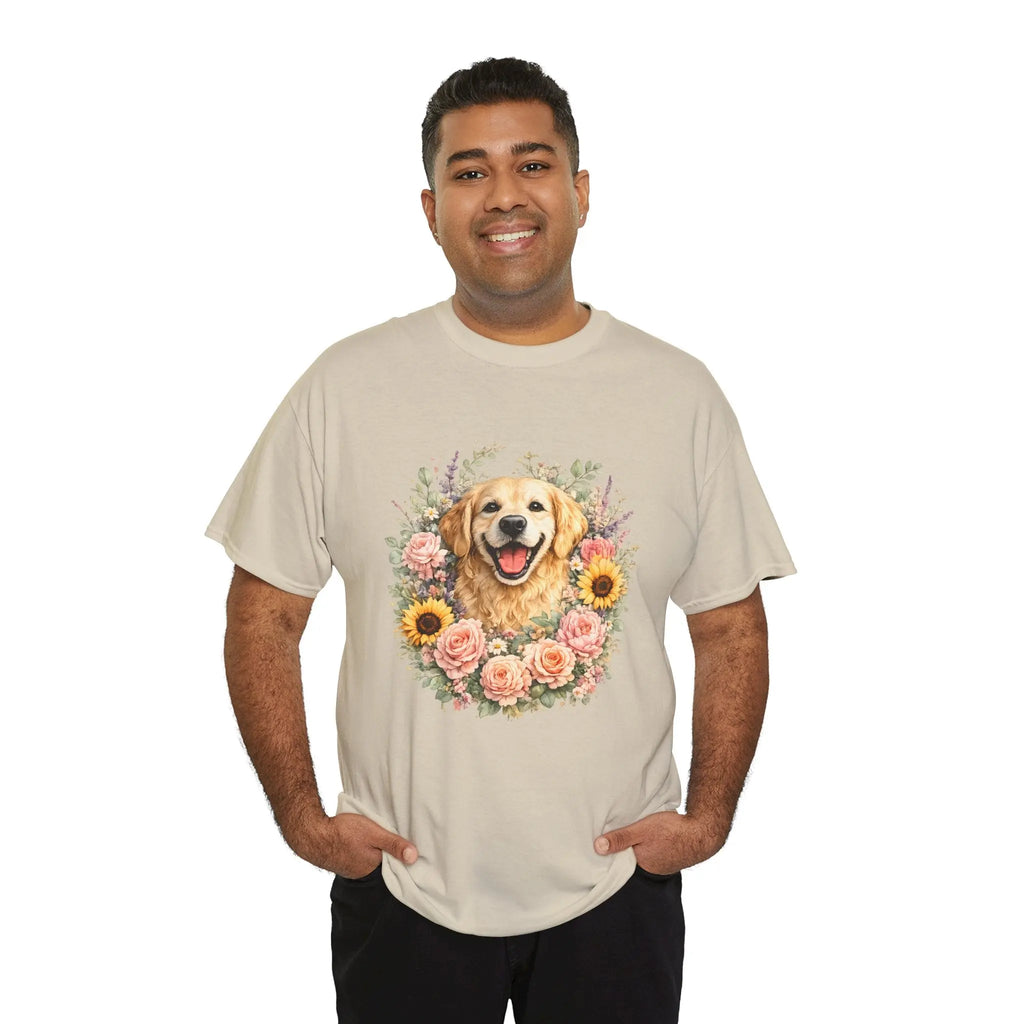 Golden Retriever Floral Tee — Happy Dog with Sunflowers & Roses Printify