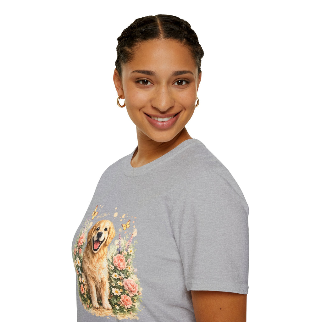 Golden Retriever Floral T-Shirt — Cute Dog with Butterflies Design Printify
