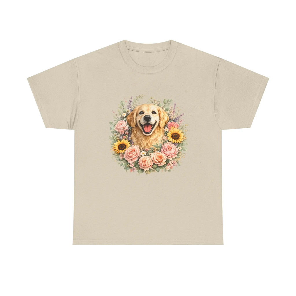 Golden Retriever Floral Tee — Happy Dog with Sunflowers & Roses Printify