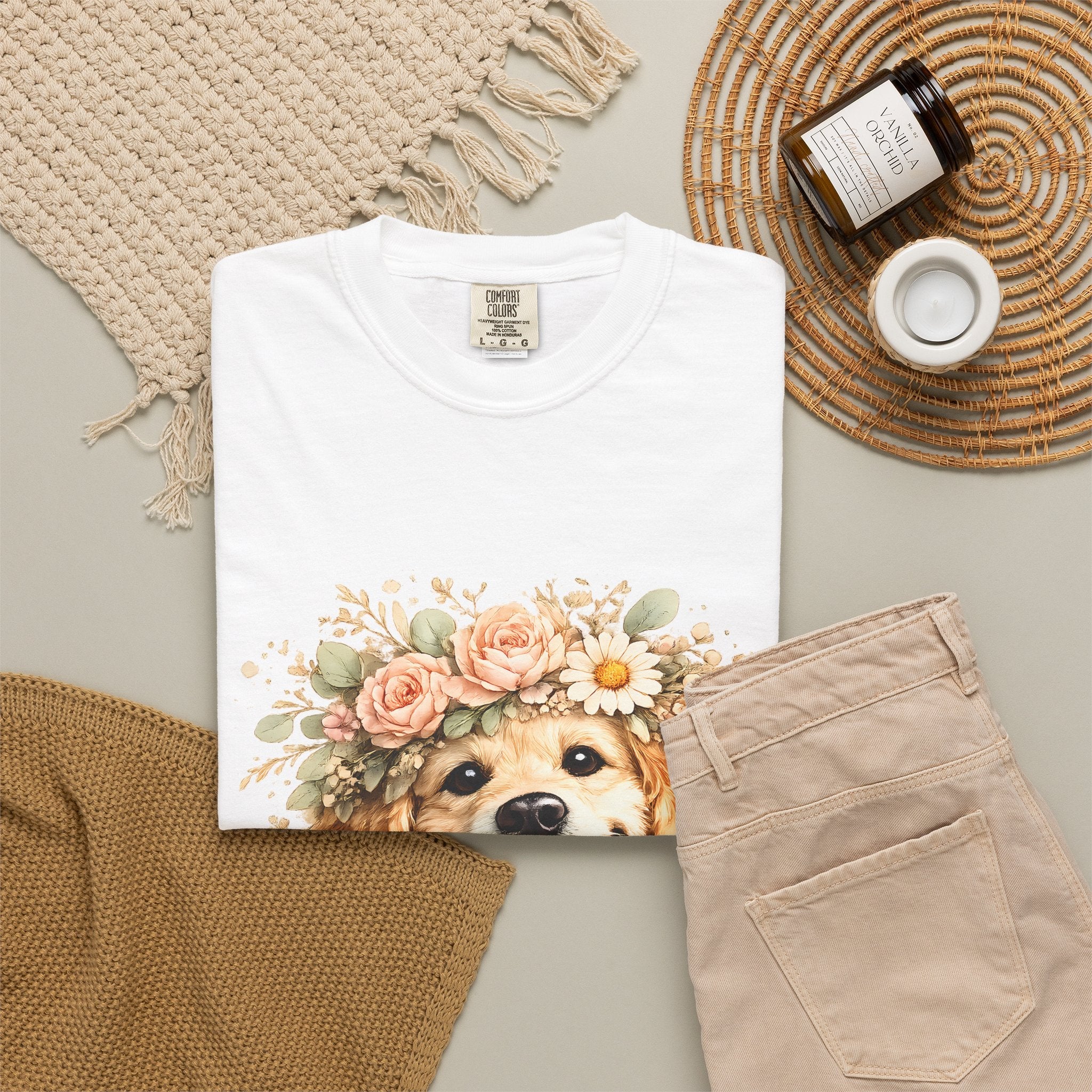 Golden Retriever Floral Crown T-Shirt — Cute Dog Tee for Pet Lovers Printify